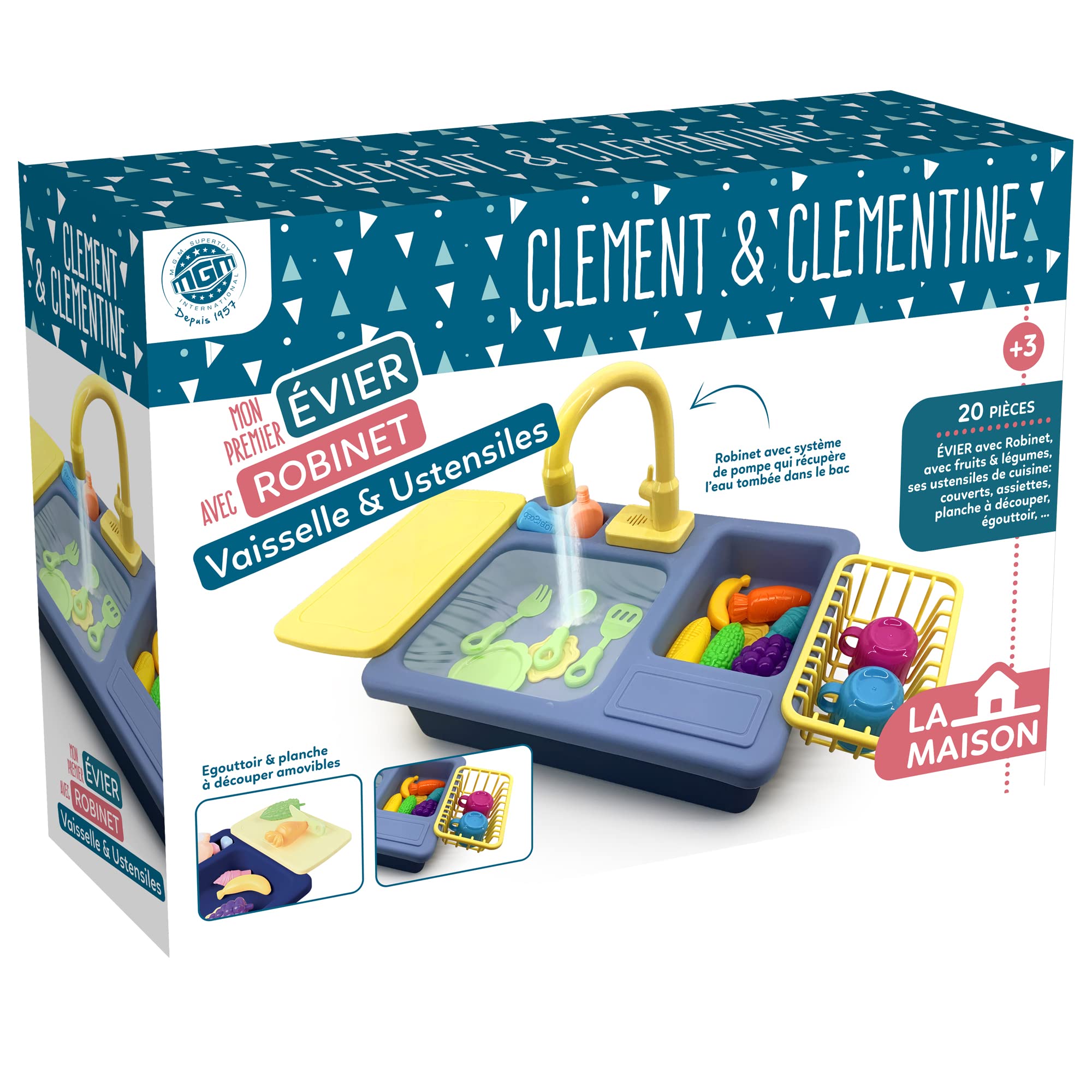Kit Vaisselle et Son Évier - Jeu d'Imitation - 101190 - Bleu - Plastique - Ménage - Enfant - Dinette - Piles Non Incluses - 45 cm x 27 cm - À Partir de 3 Ans