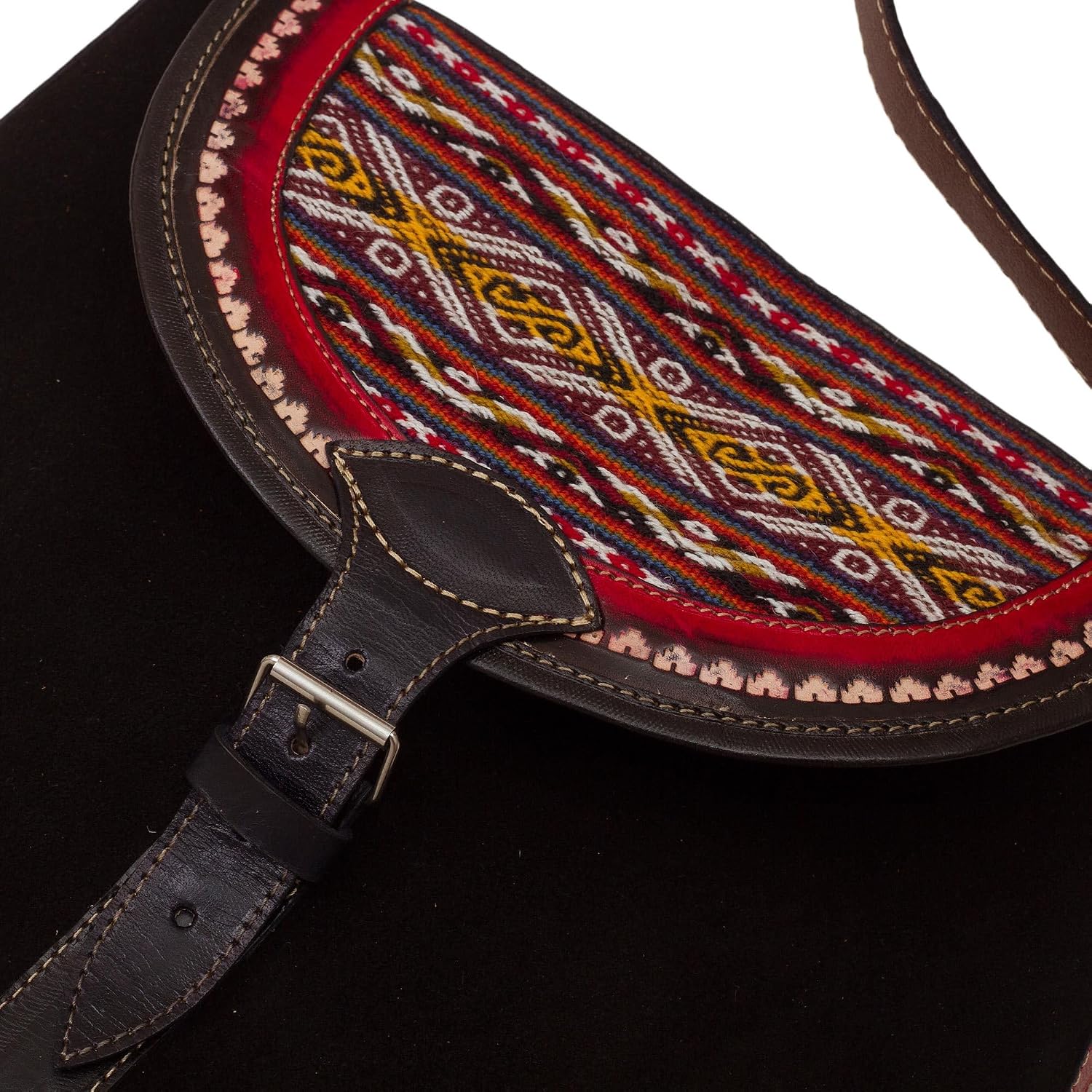 NOVICA Artisan Handmade Woolaccented Suede Leather Shoulder Bag Black Red Handbags Slings Peru Woven Cultural ' Sacred Valley'