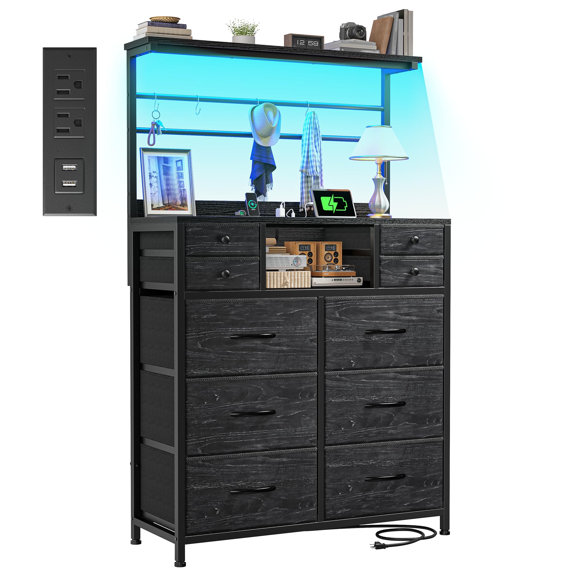 Tall Dresser For Bedroom With Charging Station & LED & Mesh Door, 12 Fabric Drawer Dressers Chests Drawers Wooden Top Metal Frame Rustic Brown 11 8 D X 37 8 X 50 6