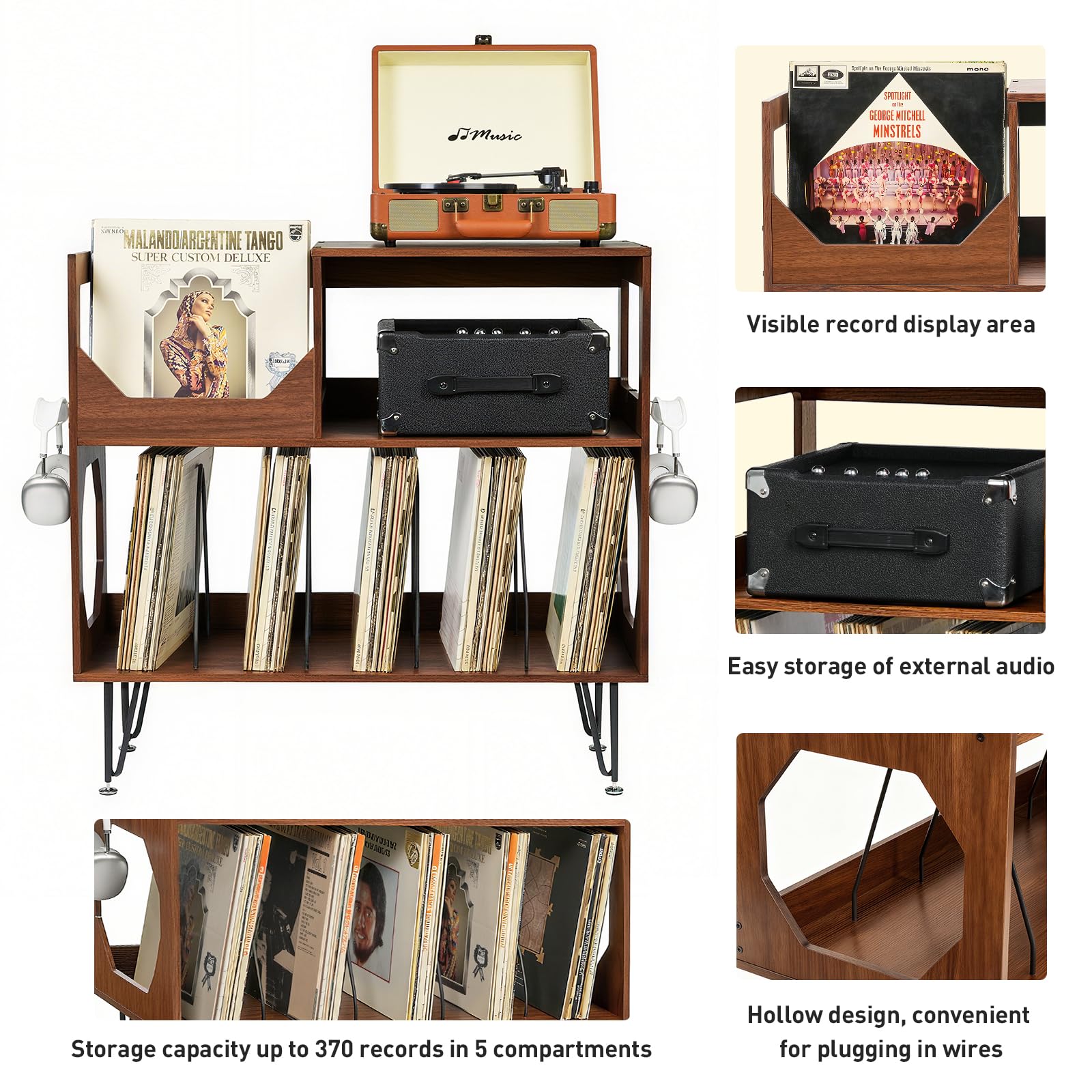 Großer Plattenständer mit Aufbewahrung,Plattenspieler-Ständer mit Ablage,Vinylplatten-Halterung mit Präsentationsfläche,Plattenständer für bis zu 370 Alben, Plattenregal für Musikzimmer und Wohnzimmer