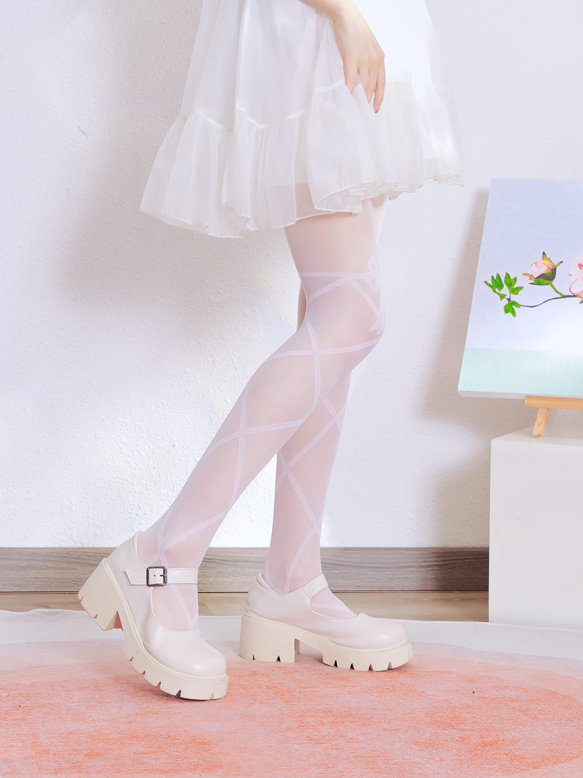 Sahabowi Women Tights, Sheer High Waist Pantyhose, Vintage Control Top Stockings, Siwa 2: Big Bow Cross Jacquard White