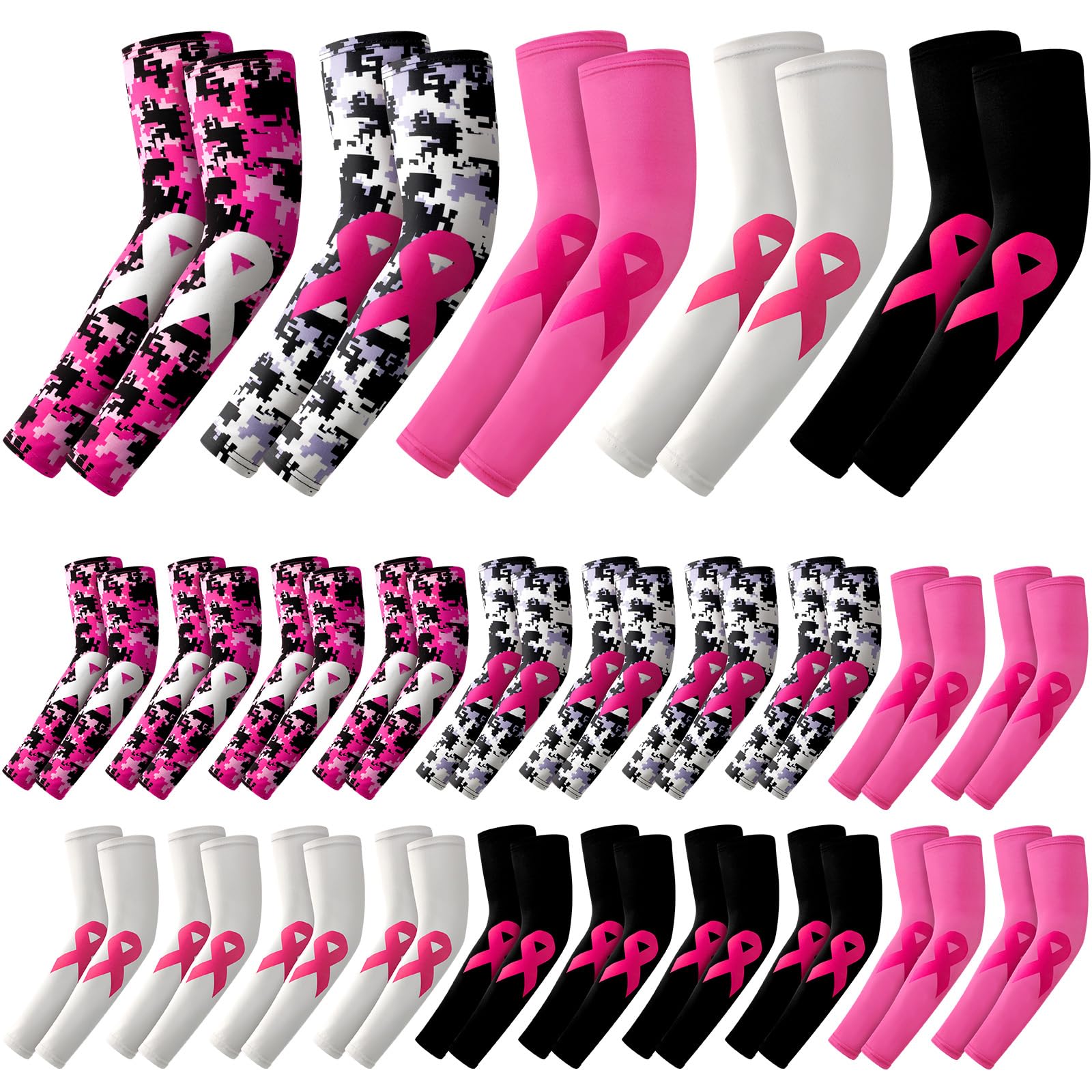 Leumoi 20 Pairs Breast Cancer Arm Sleeves Pink Ribbon Compression Arm Cover Women Sports UV Sleeves for Baseball (Mixed)