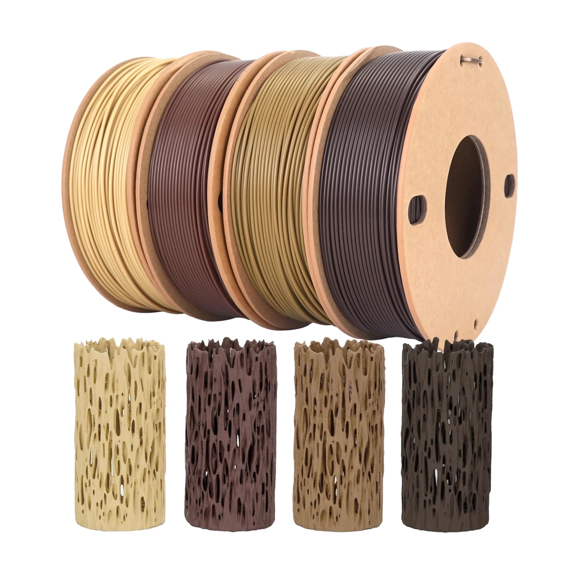 Likesilk 3D-Drucker-Filamentbündel im Holzimitat-Farbton – PLA 1,75 mm, kg x 4er-Pack (Walnuss, Eiche, Kirsche, Teak)