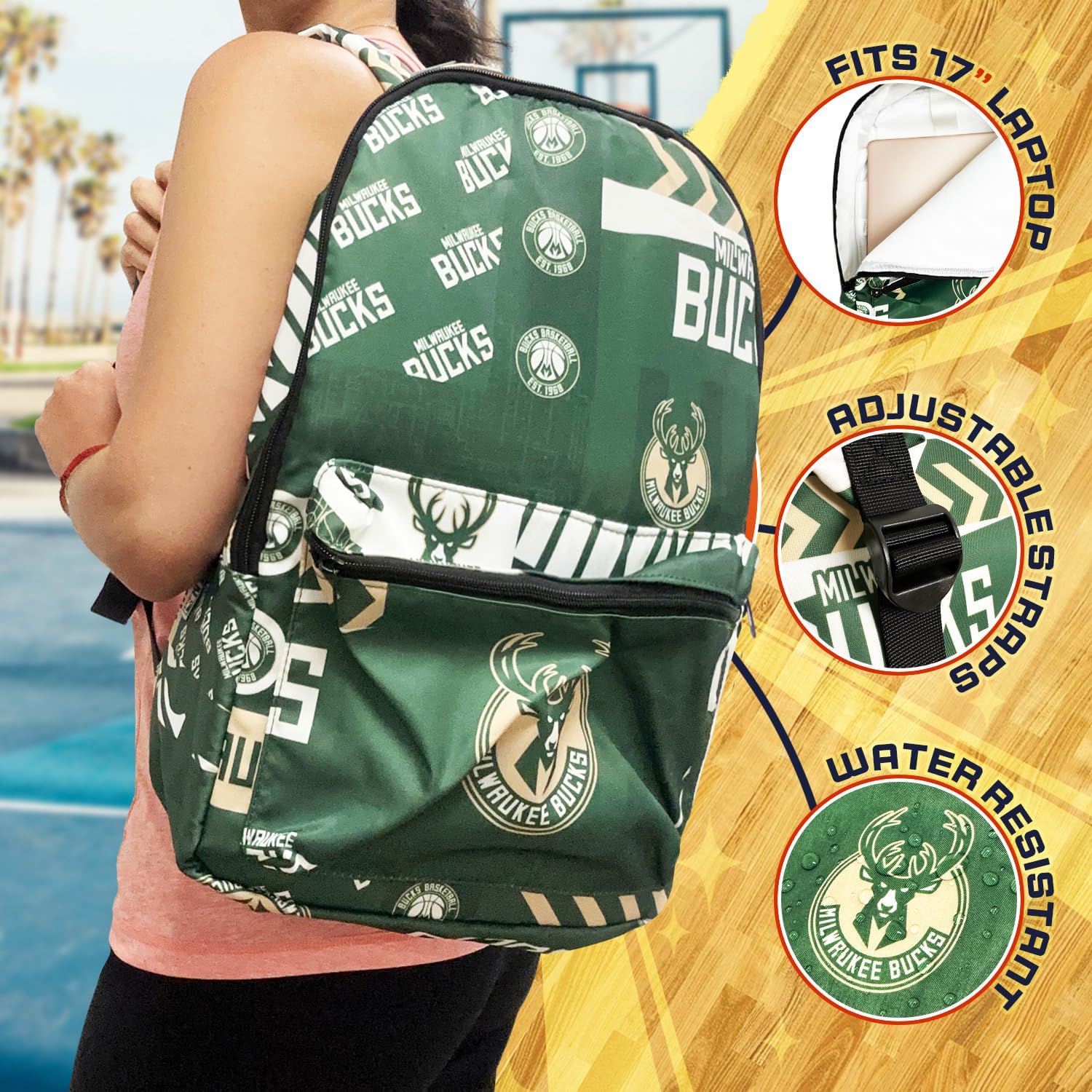 Pro Specialties Group Milwaukee Bucks basketball travel backpack, hiking, gym Backpack durable bag designed for men and women. Ideal for Adults, extra-large & waterproof use for various activities - Image 3