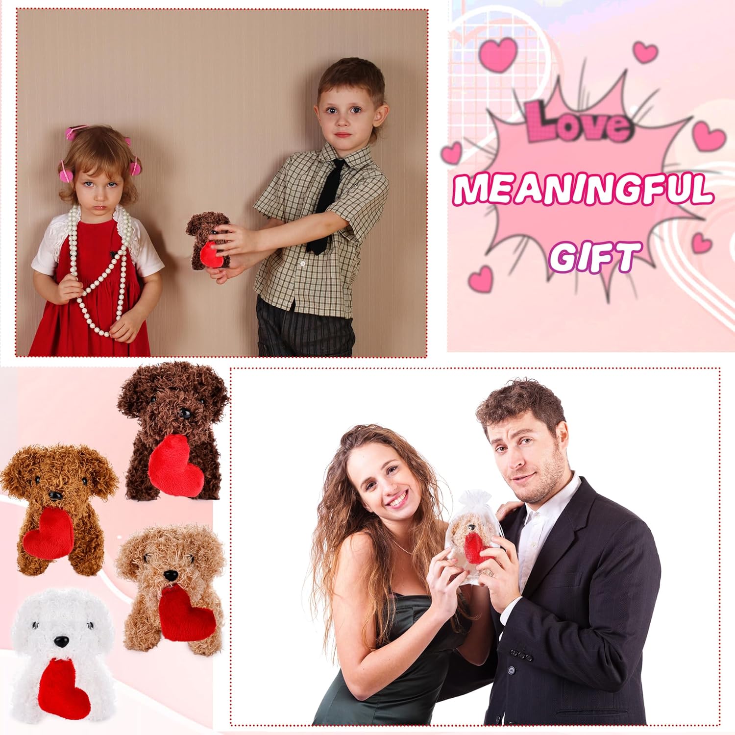 16 Pcs Valentine Mini Plush Dogs 5.5 inches Puppy Dog with Filled Heart Dogs Stuffed Animal Keychain 16 Gift Bags 16 Cards and 5m Rope for Valentine's Day Party Favors Birthday Gifts, 4 Colors