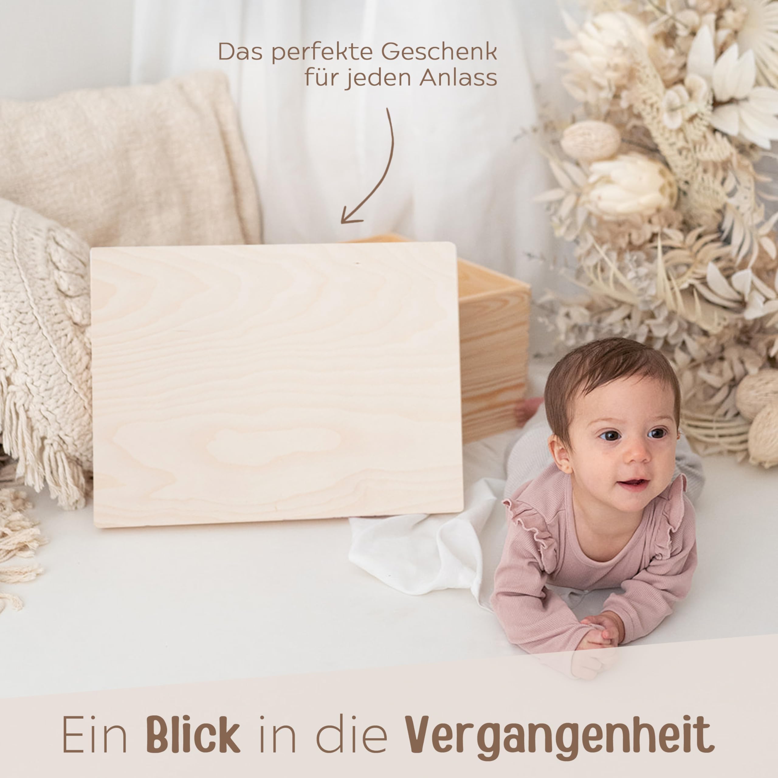 wunderwunsch Holzkiste mit Deckel - Große schöne Aufbewahrungsbox unlackiert, Geschenk-Box, Holz Allzweckkiste, Holzkiste für Ordnung, Erinnerungskiste zum Bemalen (blanko, S-Klappdeckel)