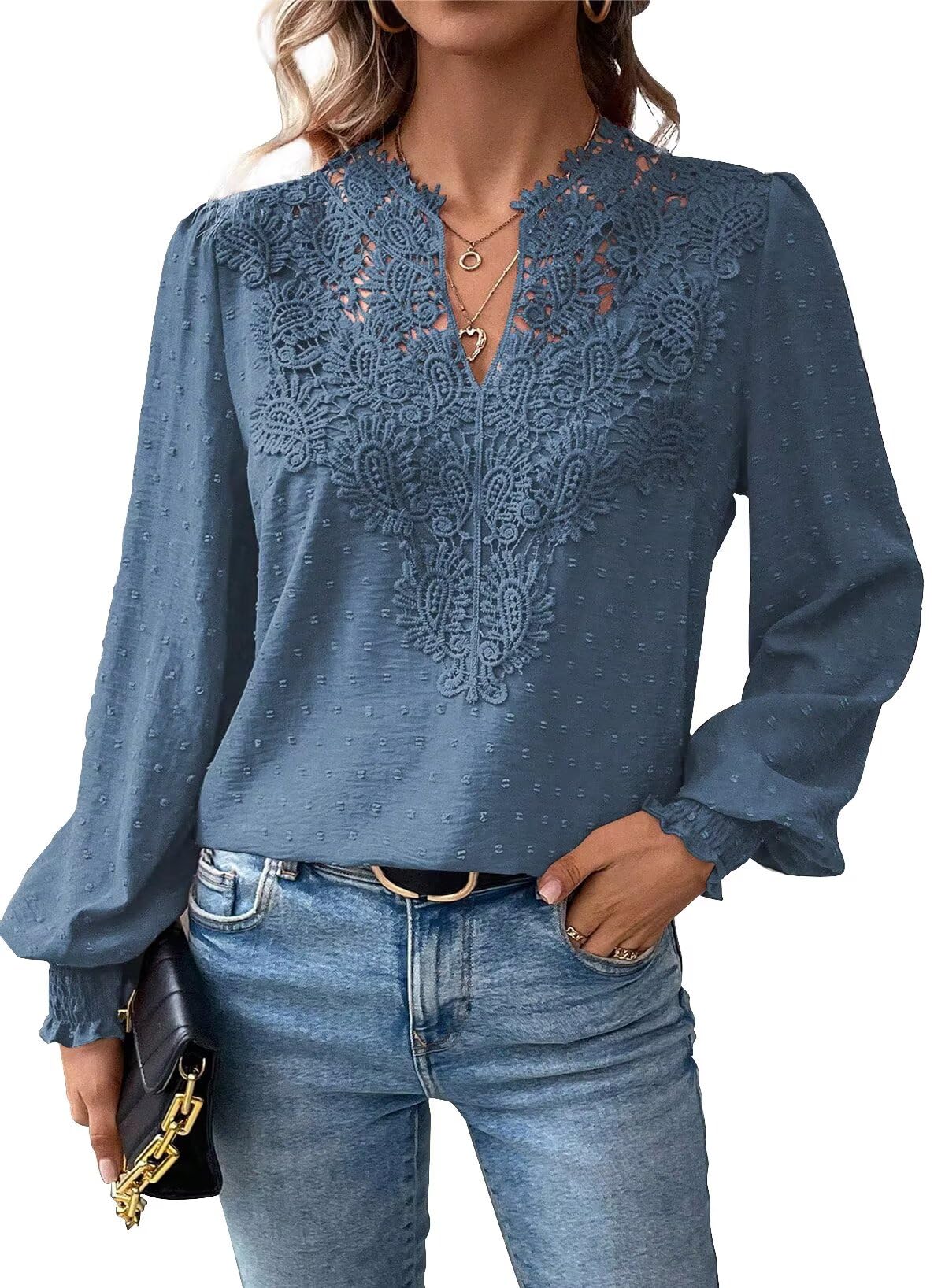 TUUHAW Top Damen Boho Bluse Langarmshirt Oberteile Elegant V-Ausschnitt | Fließend Rüschen Shirt, Süß Elegant Longshirt, Lässig Longsleeve, Spitze Kleidung, Sexy T Shirt, Frühling Herbst Outfits
