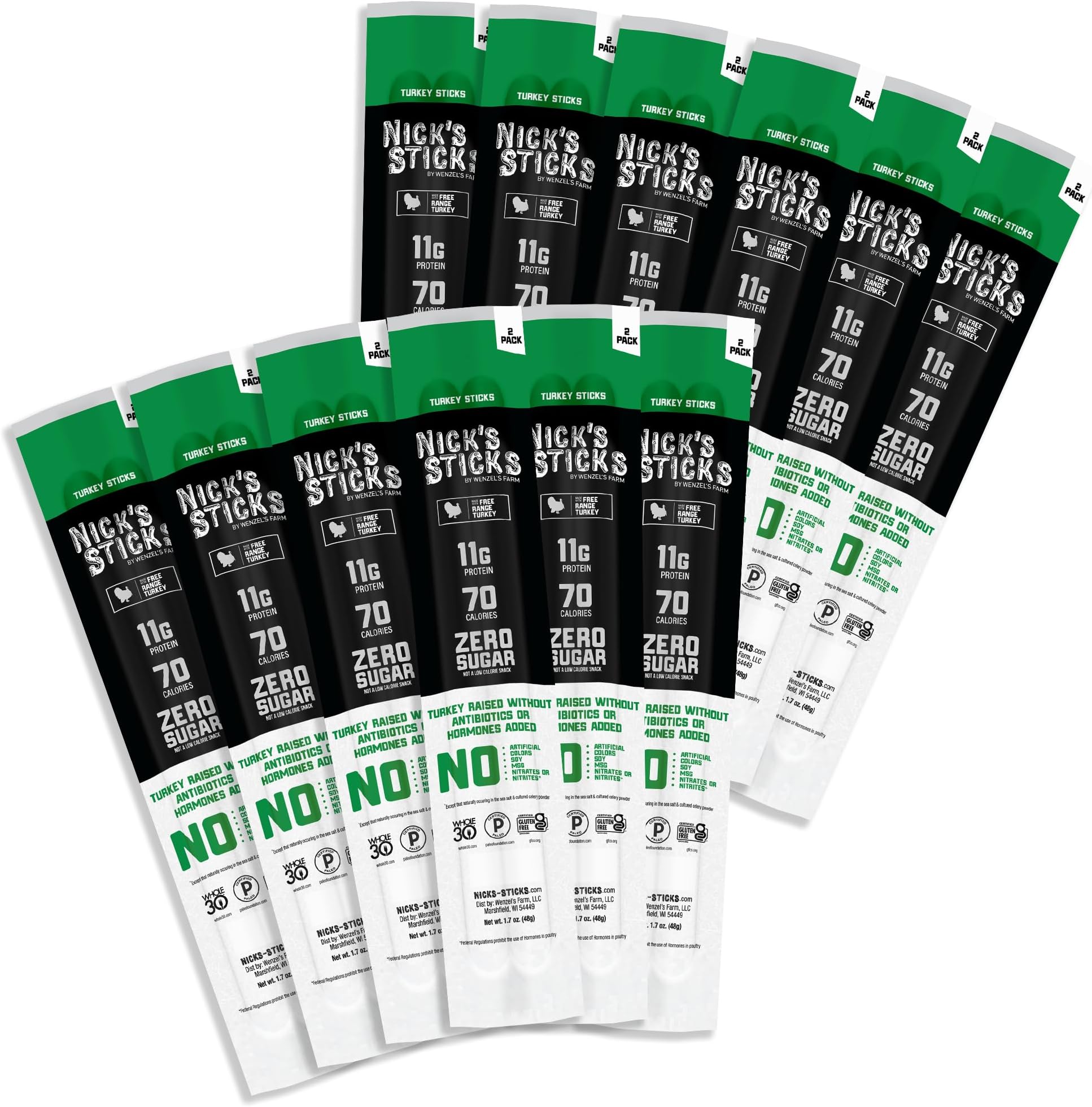 Nick's Sticks Clean & Balanced Free Range Turkey Snack Sticks | Made in the USA | Gluten Free | Paleo, Keto, Whole30 Approved | No Soy, Antibiotics or Hormones (12 – 1.7oz. Packs of 2 Sticks)