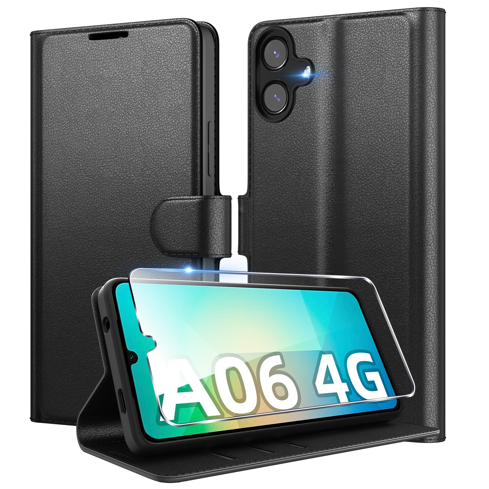 Eirltiy Cover per Samsung Galaxy A06 4G Portafoglio Pelle PU Premium, Custodia Scomparti Carte Antiurto Protettiva Case con 1 Vetro Temperato, Nero