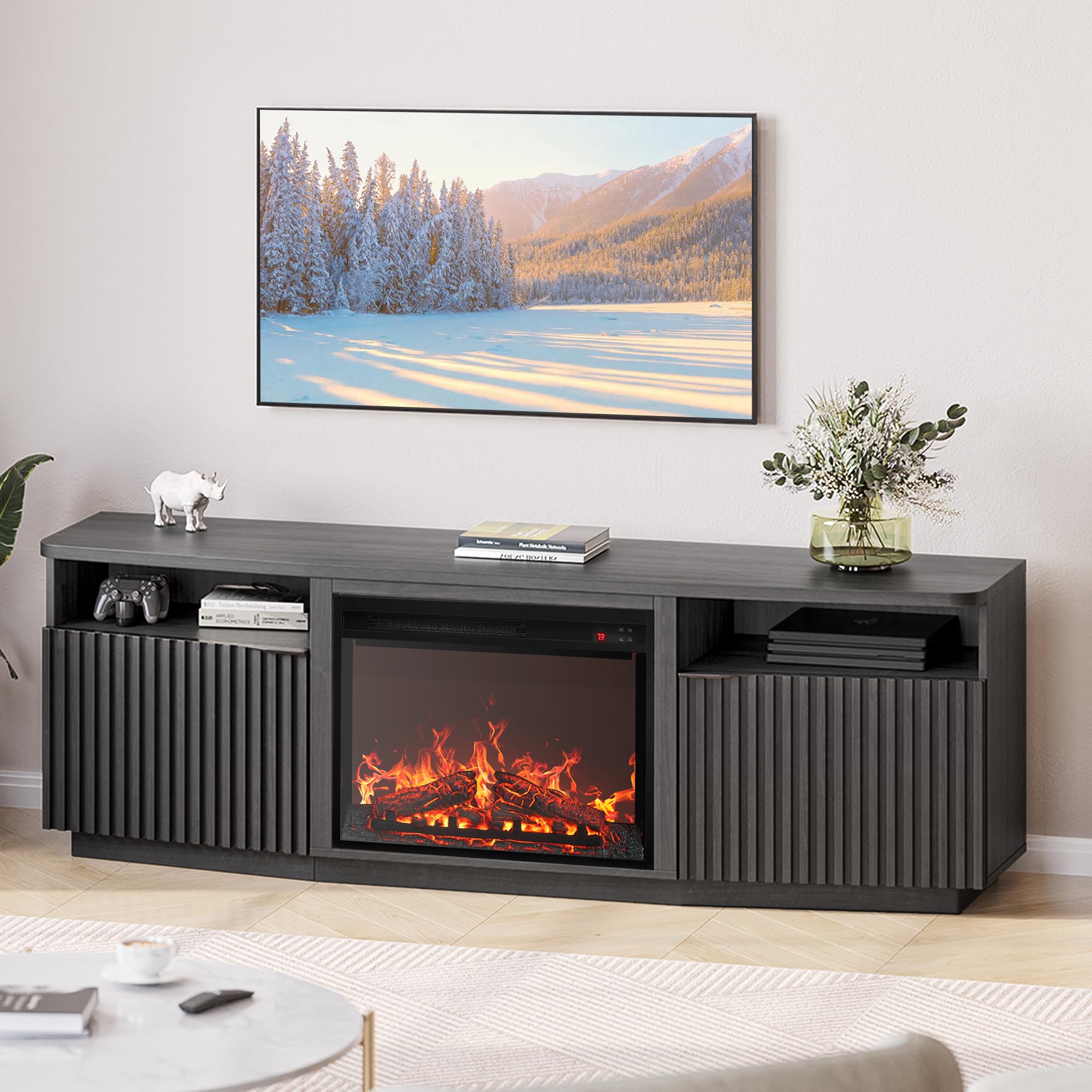 BELLEZE Fluted TV Stand with 23" Electric Fireplace Heater with Sound, 68" Entertainment Center for TV Up to 75", Media Console Table with Cable