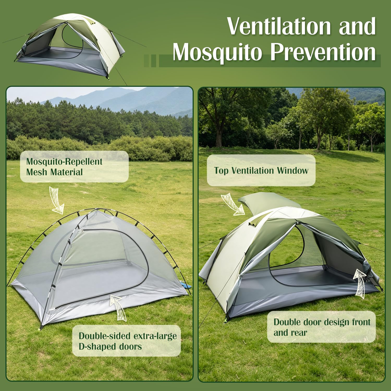 Tienda de Campaña 1-2 Personas, Doble Capa Acampar Tienda con Ventilación, Ultraligera, Impermeable (3000 mm), Fácil de Instalar, 3-4 Estaciones, Ideal para Camping, Senderismo, Trekking