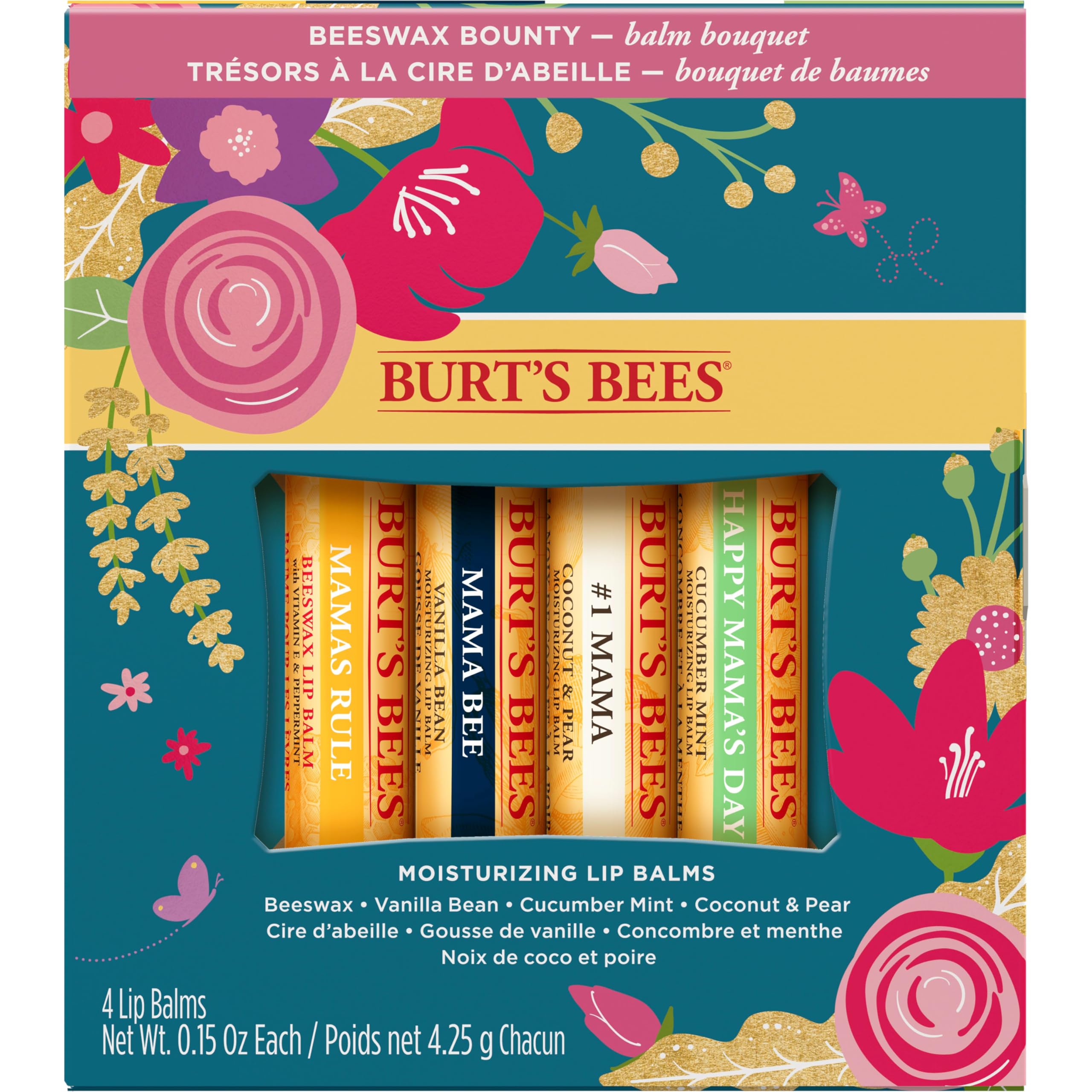Burt's Bees Gifts, 4 Lip Balm Products, Balm Bouquet Spring Set - Classic Beeswax, Vanilla Bean, Cucumber Mint & Coconut Pear (4 Pack)