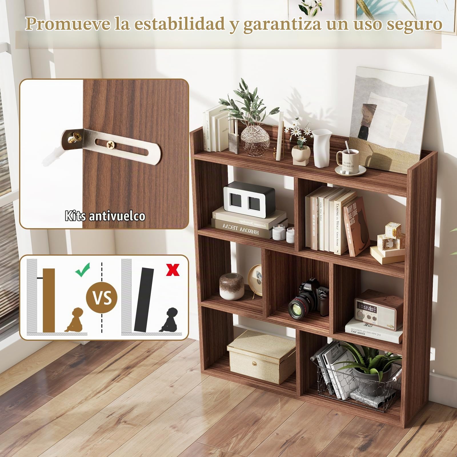 HOMASIS Estantería Madera con 7 Compartimentos Diáfanos, Almacenamiento de Exposición, Biblioteca con Protección Antivuelco, Separador de Habitaciones para Salón (Nogal)