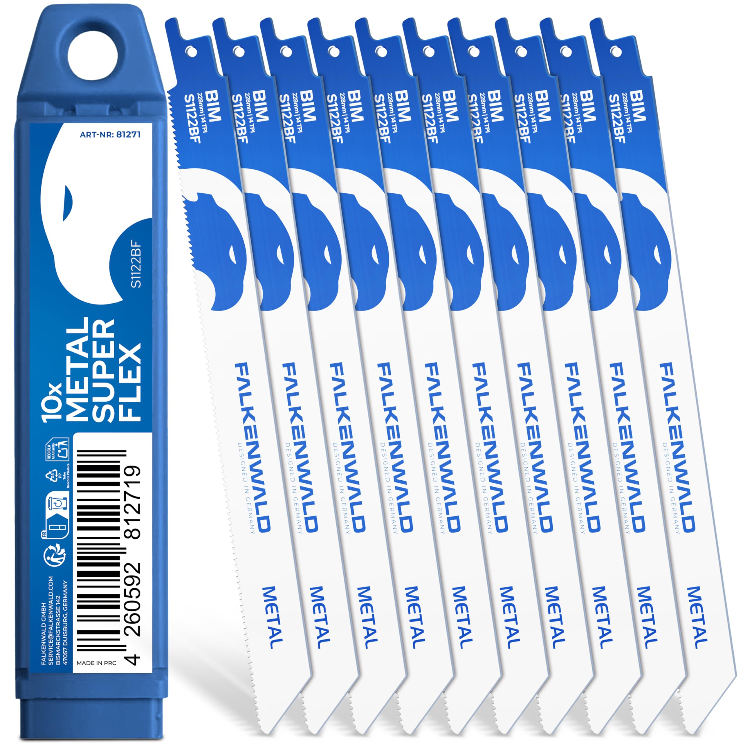 FALKENWALD Lot de 10 lames de scie sabre en métal S1122BF - Super Flex - 225 mm de long, 14 TPI - Bi-métal, acier inoxydable, aluminium, tôles - Tige universelle 1/2" pour Bosch, Makita, Einhell, etc.
