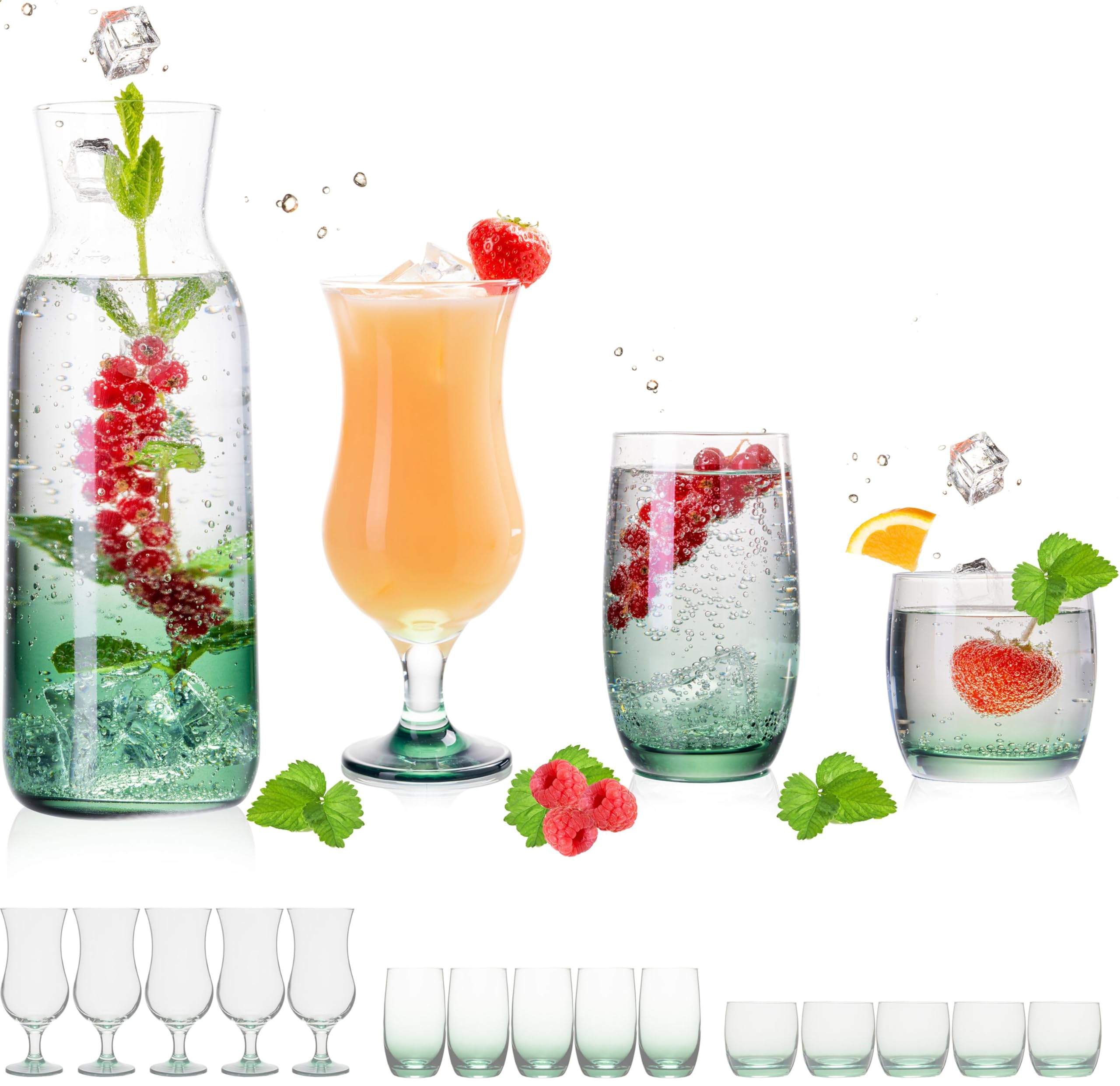 PLATINUX Juego de vasos y jarra con efecto ombré verde, 19 piezas de cristal, jarra de agua, vasos de cóctel