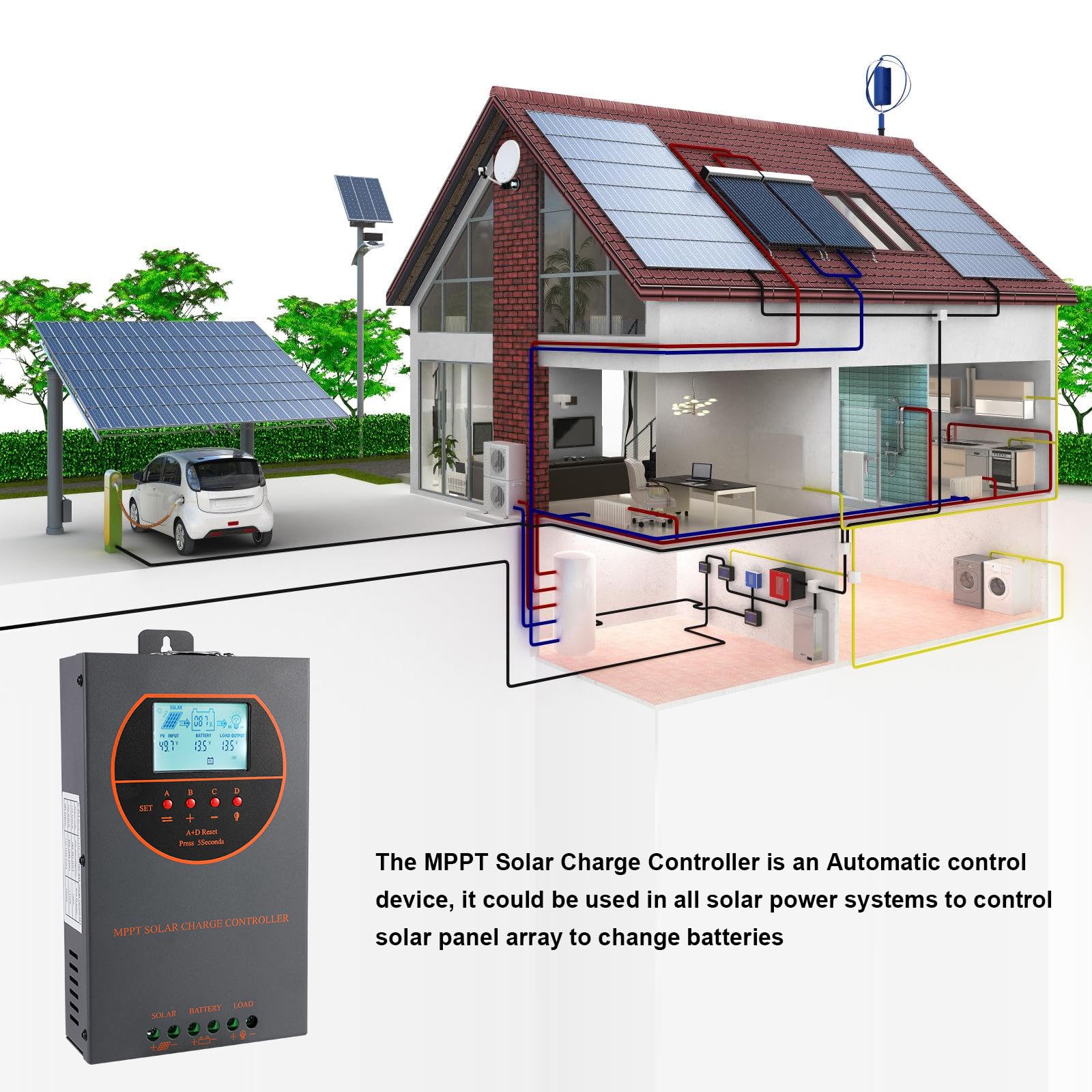 MPPT 60A Solarladeregler 48V 36V 24V 12V Auto Max 160V DC Eingangssolarregler mit LCD Display , Funktioniert für Sealed, Gel, Flooded und Lithium.