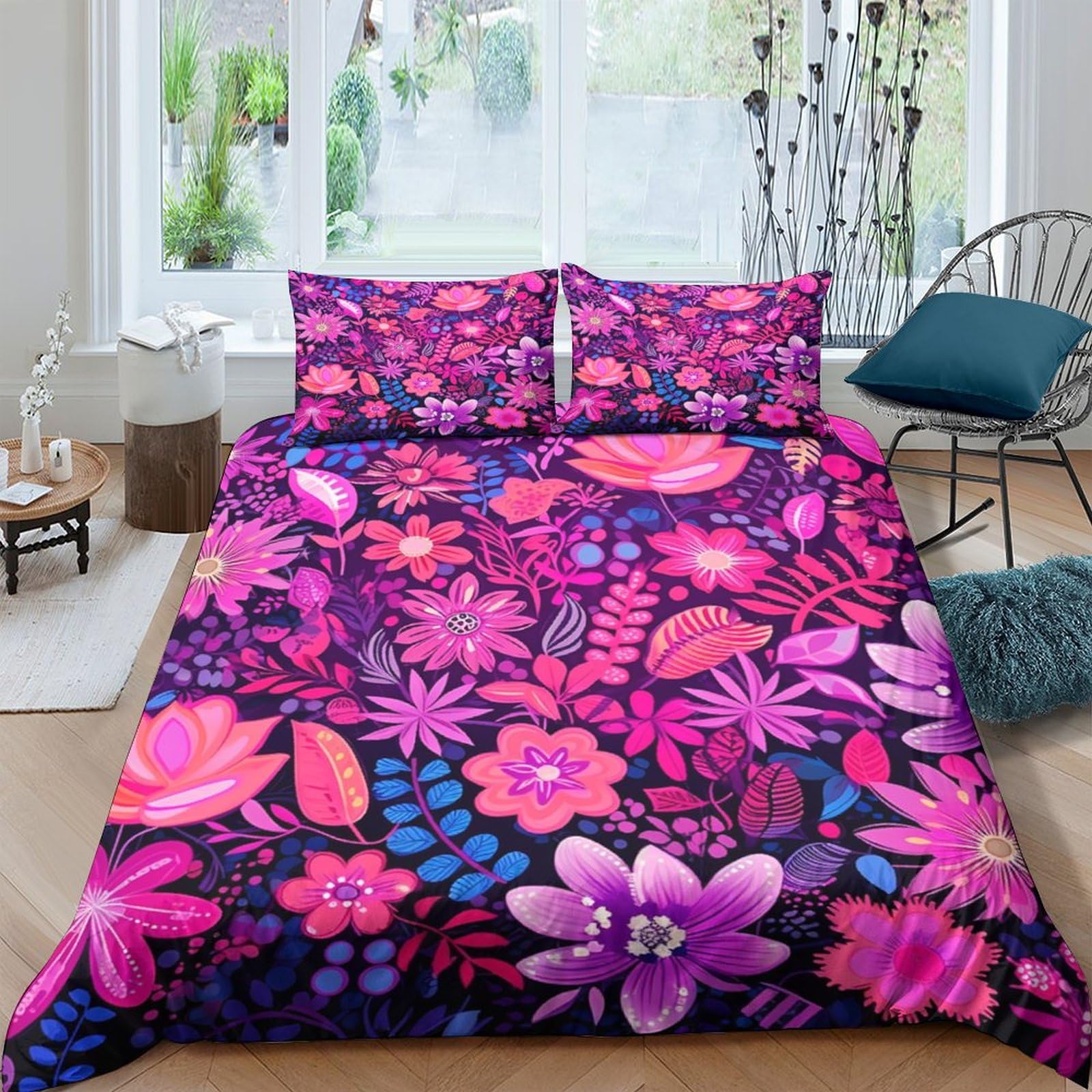 Housse de couette fleurs en microfibre douce facile d'entretien avec fermeture éclair