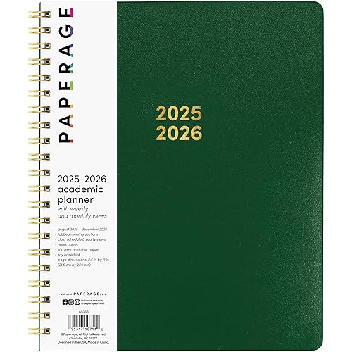 PAPERAGE 17 Month Academic Planner 2025-2026, Weekly & Monthly Spreads, August 2025 - December 2026, Large (8.5 in x 11 in), Dark Green