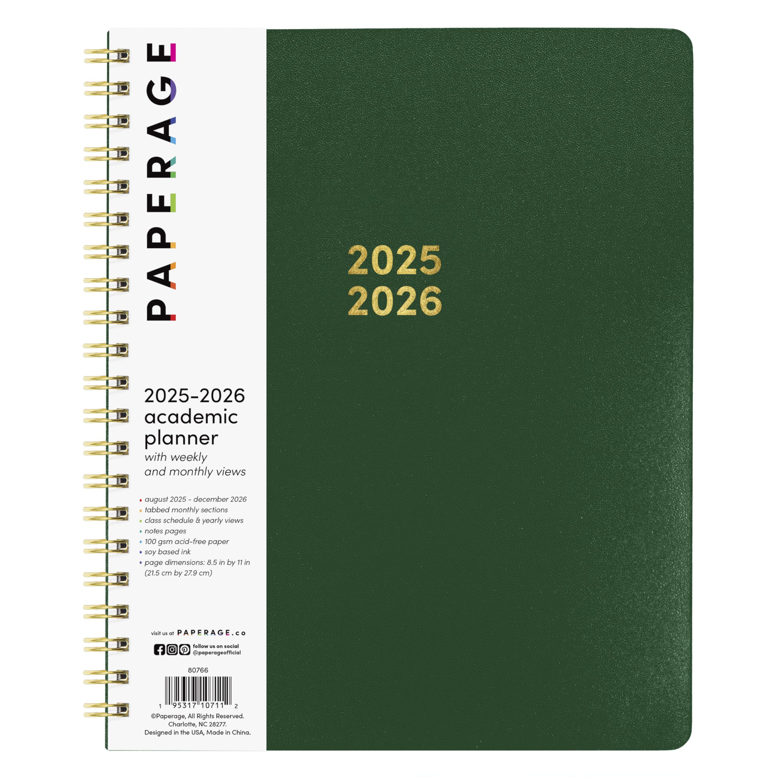 PAPERAGE 17-miesięczny planer akademicki 2025-2026, tygodniowy i miesięczny terminarz, sierpień 2025 - grudzień 2026, duży (21,6 cm x 28 cm), ciemnozielony