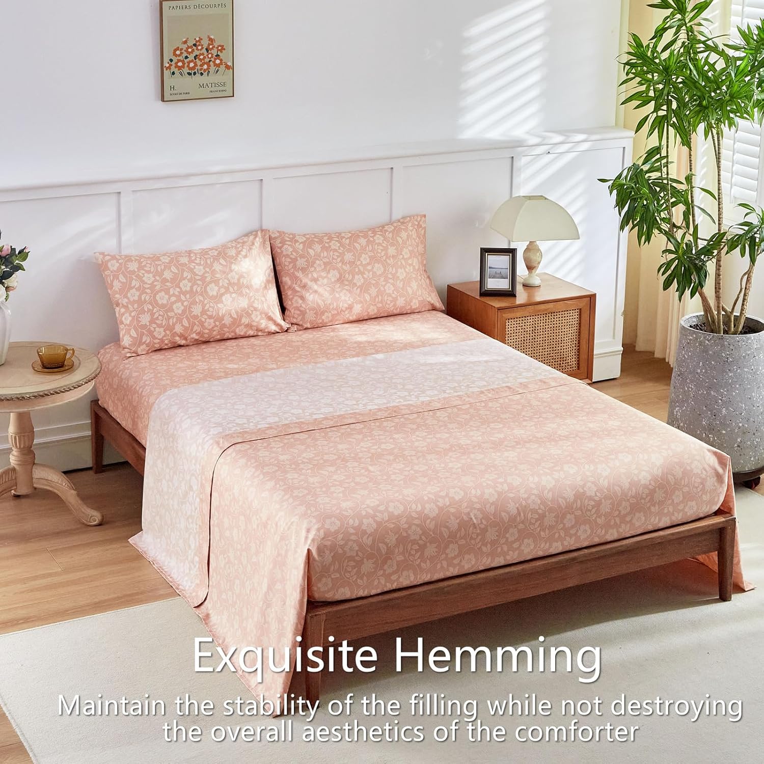 AIKASY 7 Piece Floral Comforter Set Queen Size - Soft Microfiber Bed in a Bag with Sheet Set for All Seasons - Green Flower Botanical Design - Reversible Bedding Set