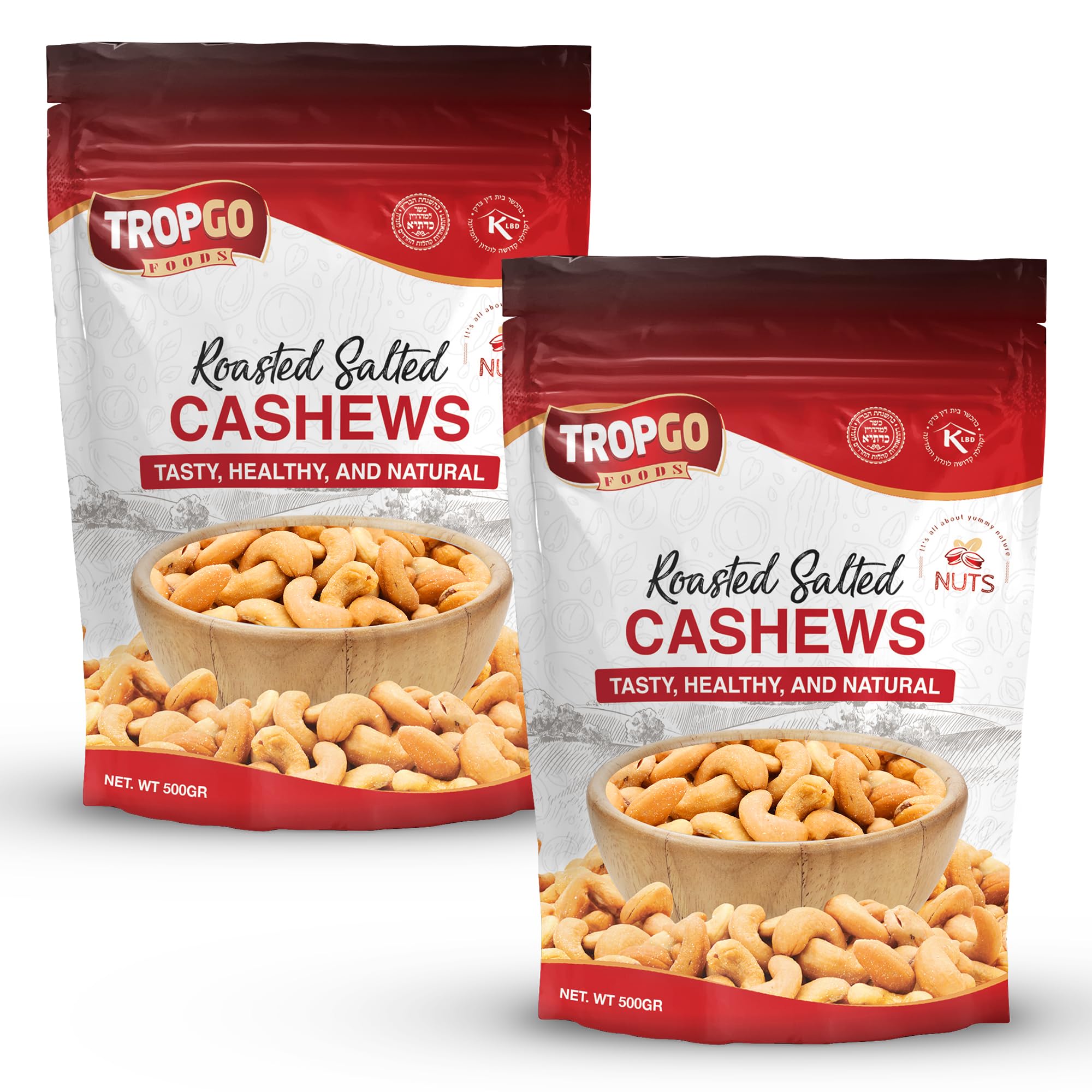 Tropgo Roasted Cashew Nuts 2 × 500g (1KG) - Packed Fresh, Lightly Salted Cashew Nuts with Fibre, Protein and Minerals, Perfect for Snacking - Kosher Approved Cashews - Bulk Buy Nuts
