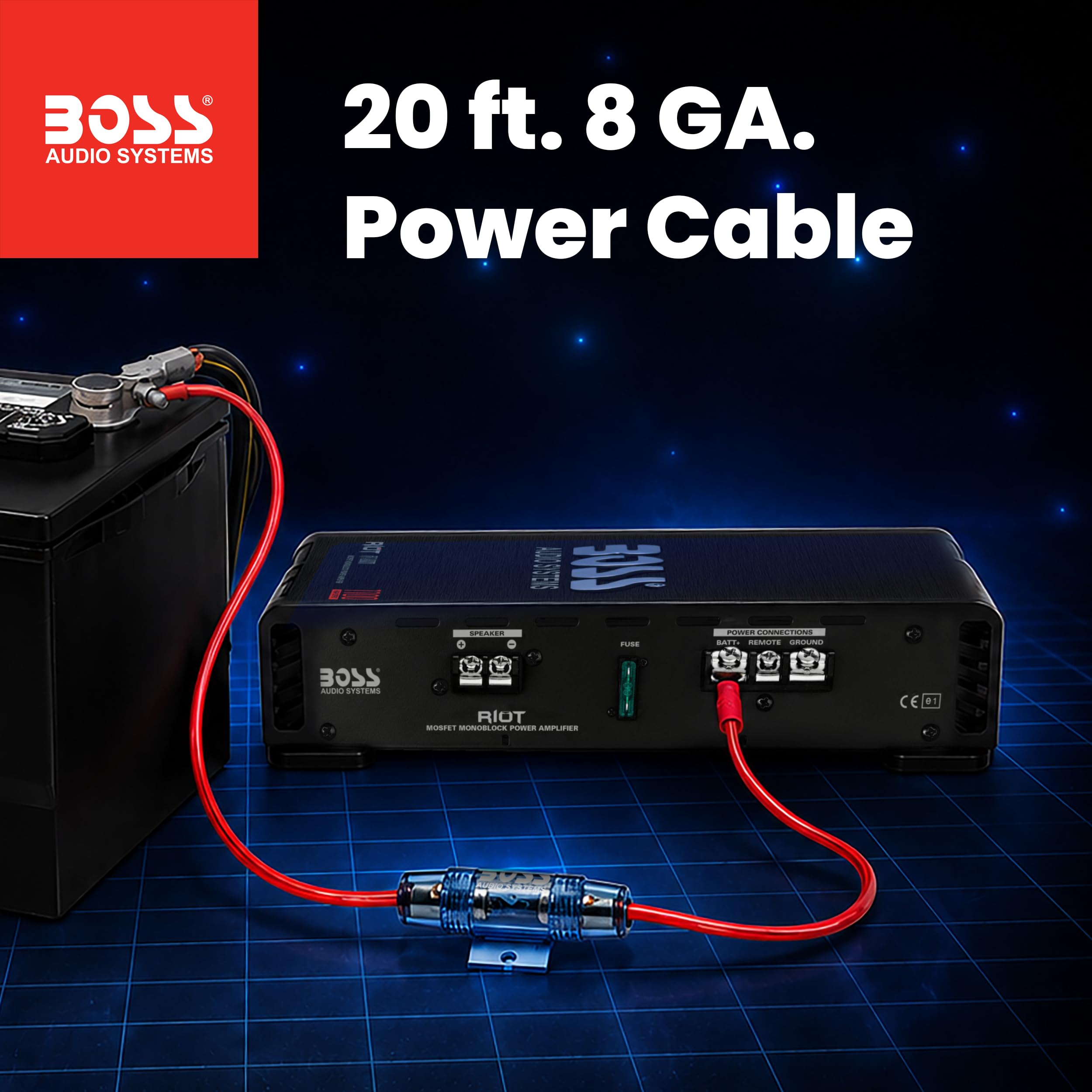 BOSS Audio Systems R1100MK - Amplificatore per auto e kit di cablaggio da 8 gauge, potenza massima 1100 Watt, stabile 2-4 Ohm, classe A/B, monoblocco, alimentatore Mosfet, controllo remoto del
