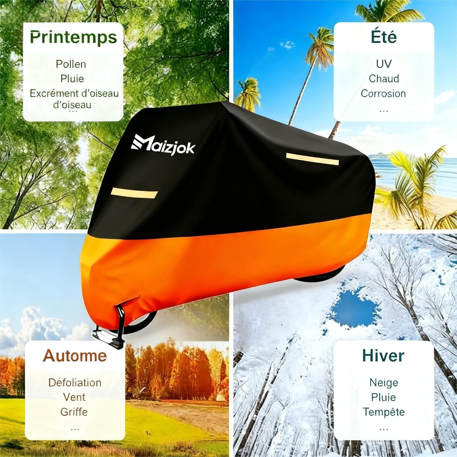 Maizjok® Bache Moto Exterieur Etanche, Housse Moto Impermeable Interieur 210D Protection au Pluie poussière UV Hiver Été, Couverture pour Scooter Mobylette Moto Trail/Street/Scrambler (245x105x125cm)