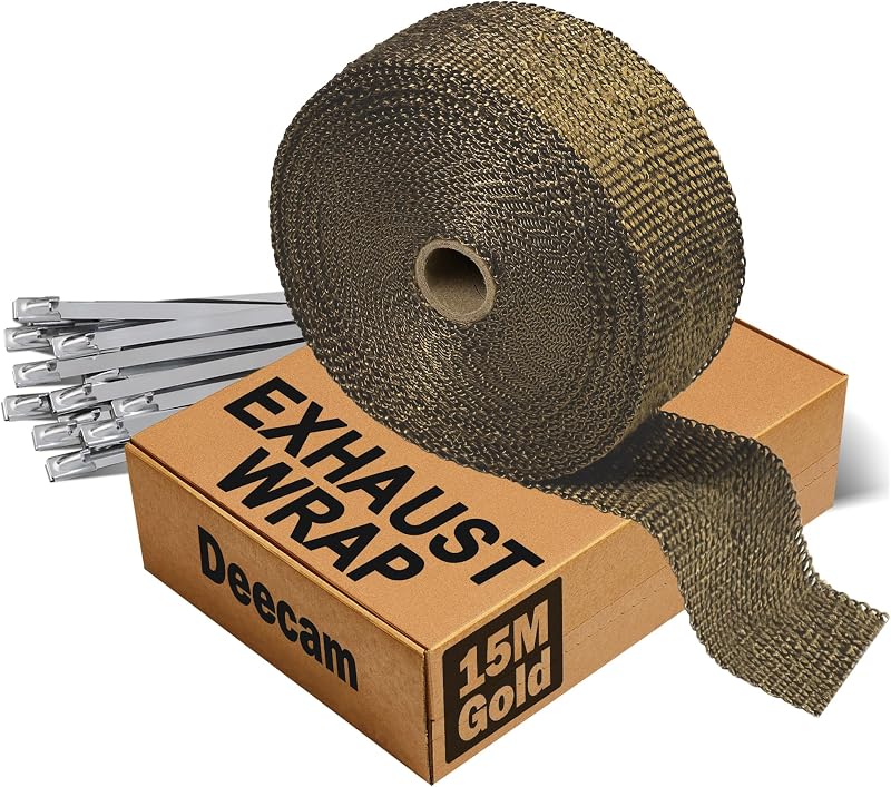 Deecam Exhaust Wrap, 2'' x 50 ft Motorcycle Header Heat Wrap, Titanium Exhaust Heat Shield Tape for Exhaust Pipe with 12 Stainless Locking Ties