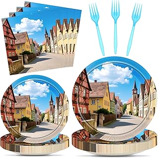 LemonRoad 96 Pcs Oktoberfest Party Plates and Napkins Bavarian Town Street Scenery Paper Plates Beer Festival Carnival Party Tableware Decorations for Oktoberfest Celebrations Beer Festival