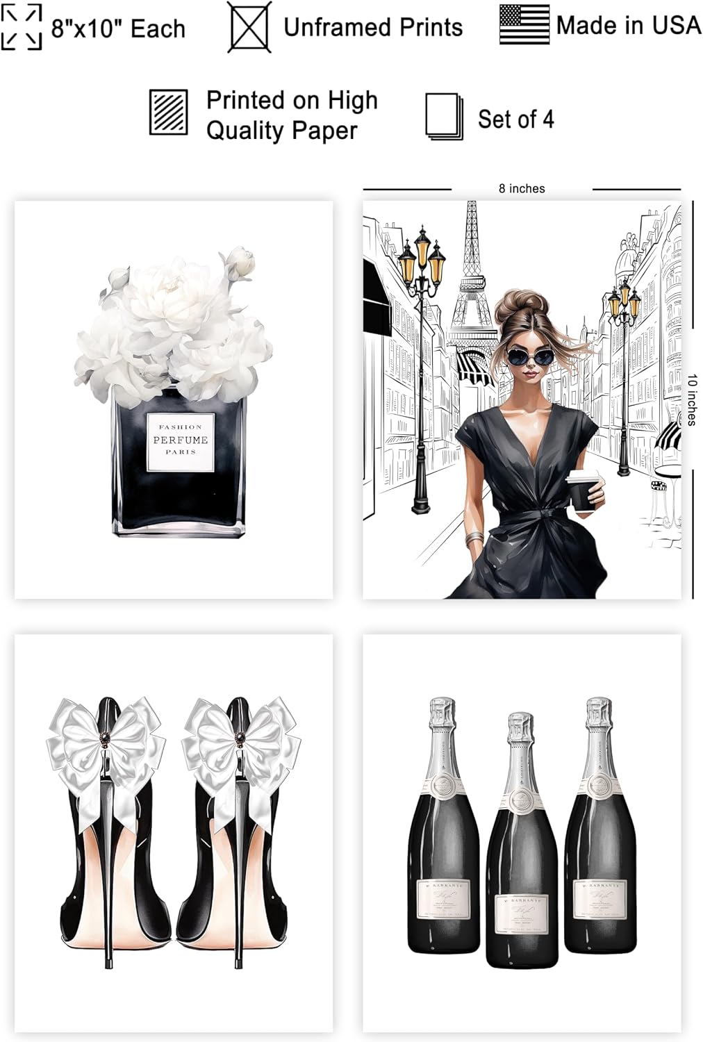 Poster Master 4-Piece Fashion Print - Black Designer Poster - Perfume & High Heels Art - Chic Gift for Her & Fashionista - Glamour Decor for Bedroom or Girl's Room - 8x10 UNFRAMED Wall Art
