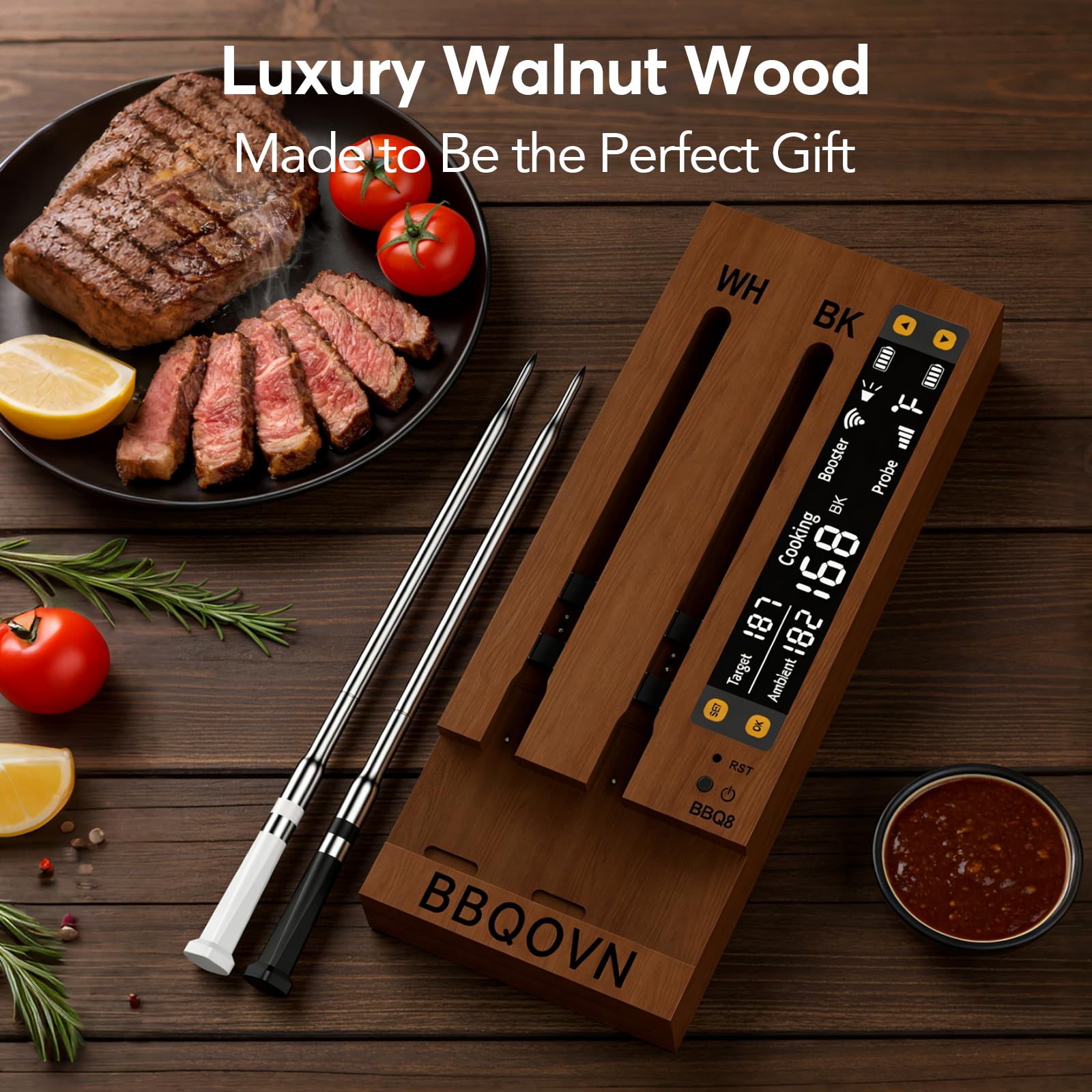 (Luxury Walnut Wood) WiFi Sub-1G Wireless Meat Thermometer Unlimited Range 7 NIST Certified Sensors with Ambient Temp 2 Temp Monitoring Ways Digital Smart Base and App for Smoker, Grill, Oven