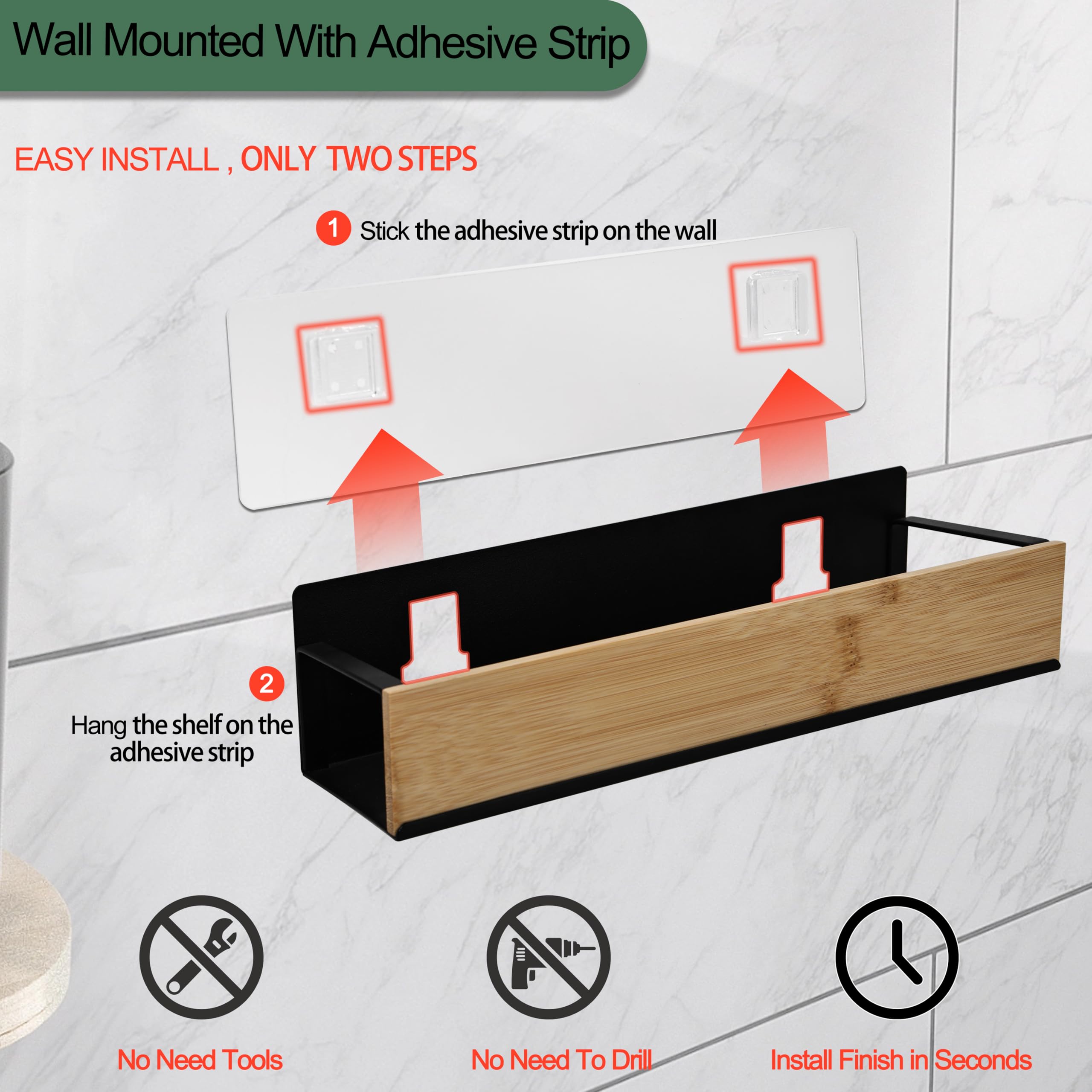 Wall Mount Organizer Adhesive Metal Shelf with Bamboo Lip Bathroom Shelves for Wall Self Adhesive Organizer Shower Caddies — view 3