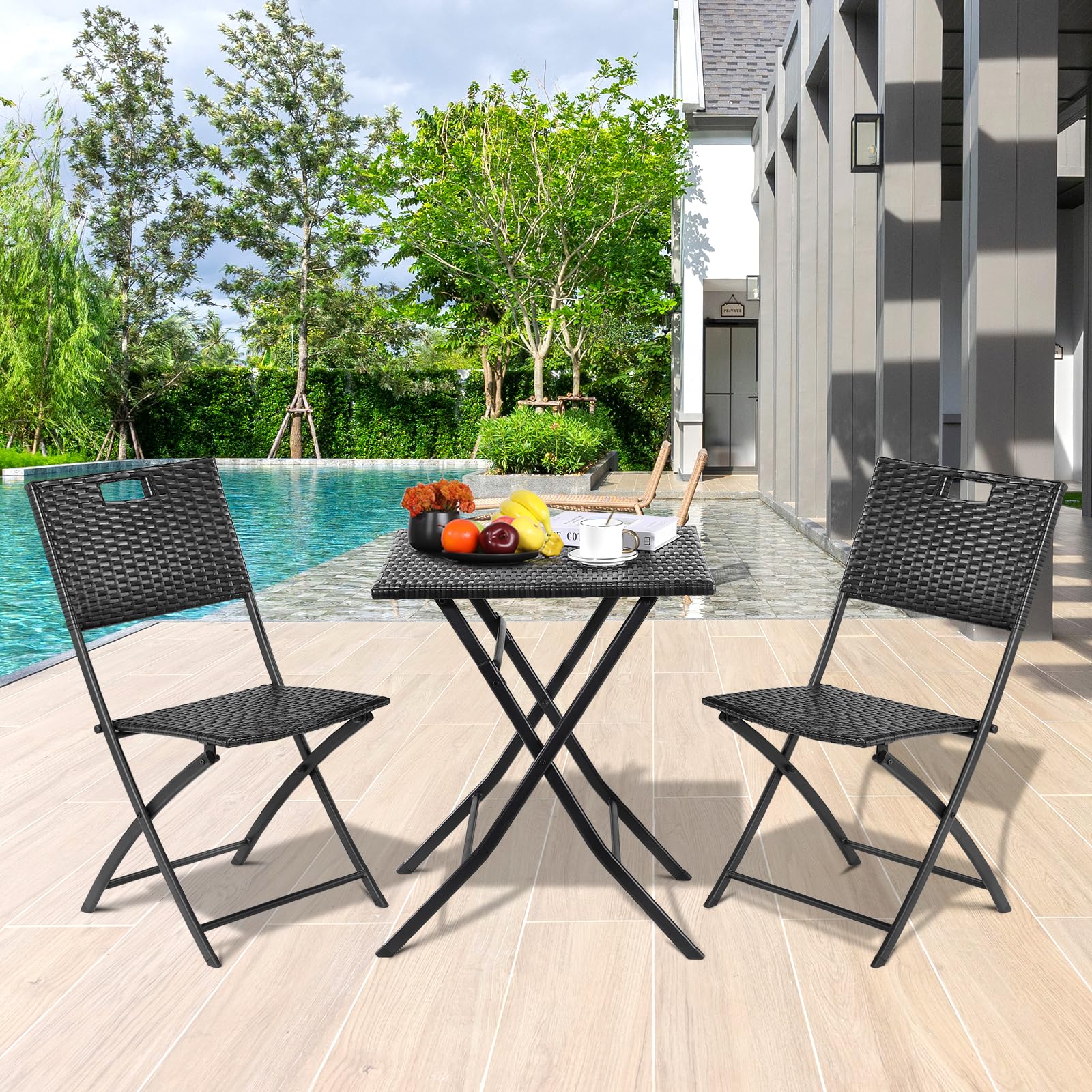 LIFERUN Set di Mobili da Balcone Pieghevole da 3 Pezzi, Mobili da Bistrot, Set Giardino in Rattan, 1 Tavolo e 2 Sedie, Sedia Pieghevole per Balcone, Giardino e Terrazza, Nero