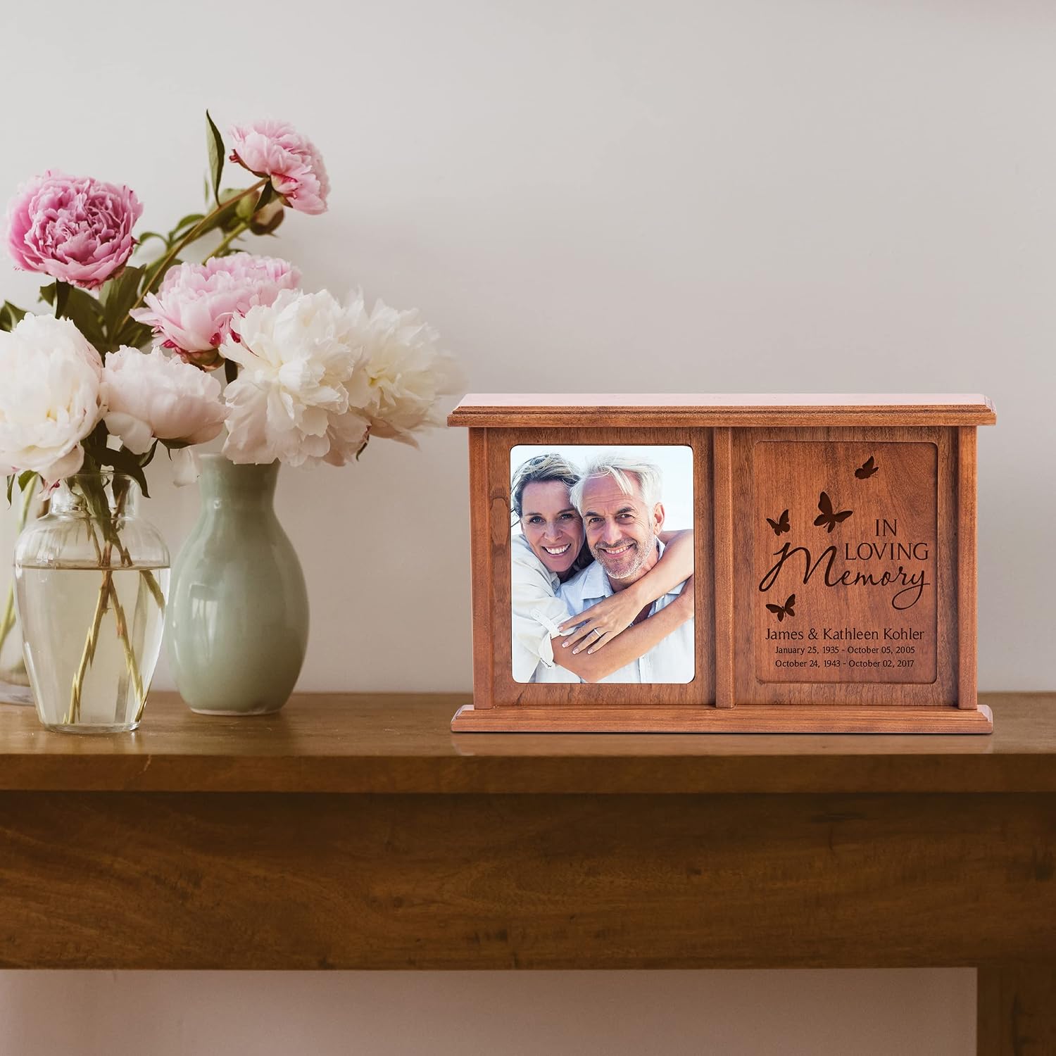 LifeSong Milestones Companion Urn for 2 Adults, Personalized Cherry Wood Double Cremation Urn for Human Ashes, Photo Memorial Box, Made in USA