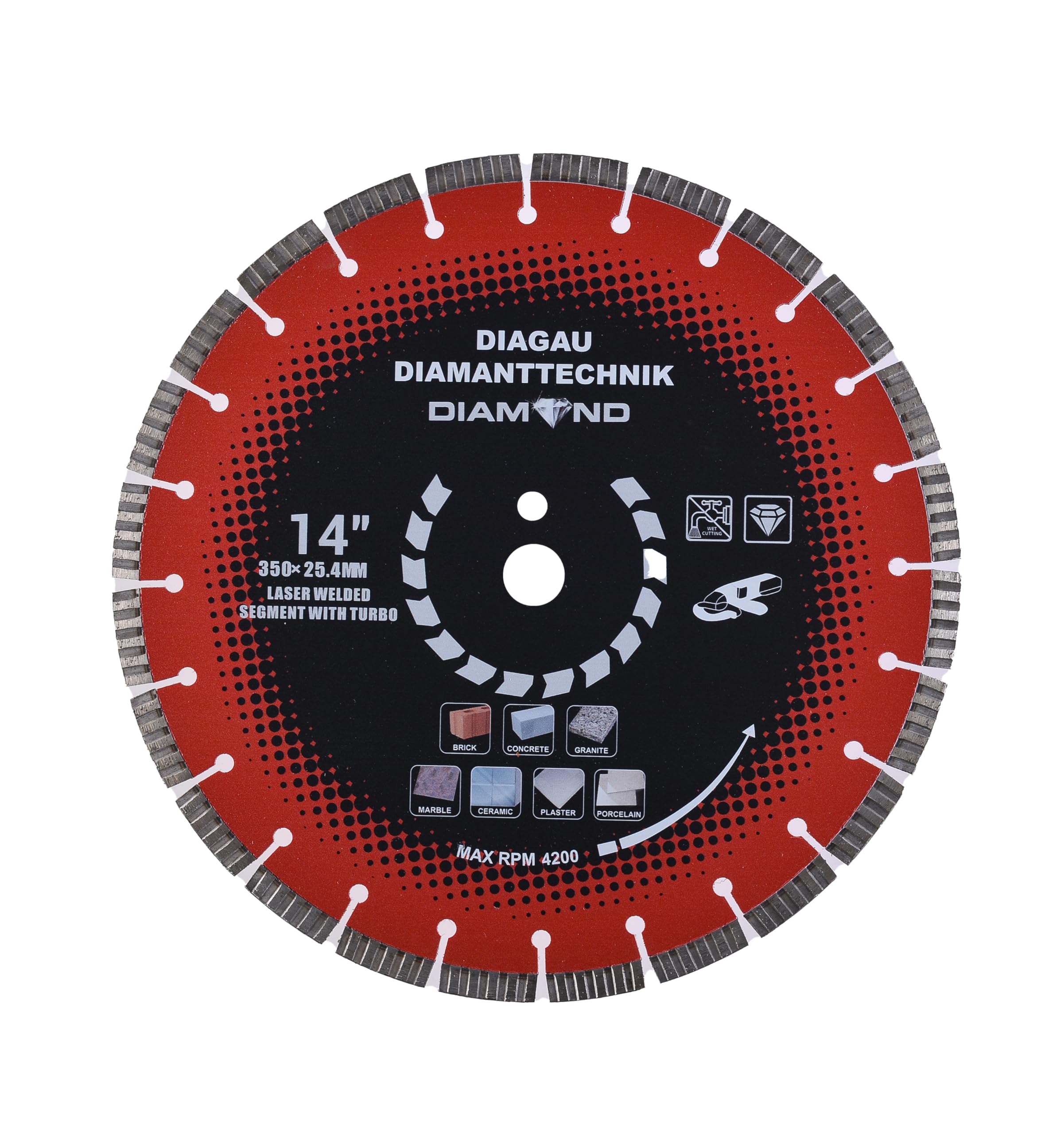 Disco de corte de diamante, 115-350 mm, 10-12 mm, segmentos turbo soldados con láser, para hormigón, piedra, granito, orificio de 22,23 – 25,4 mm (DM350 mm Segement 12 mm L 25,4)