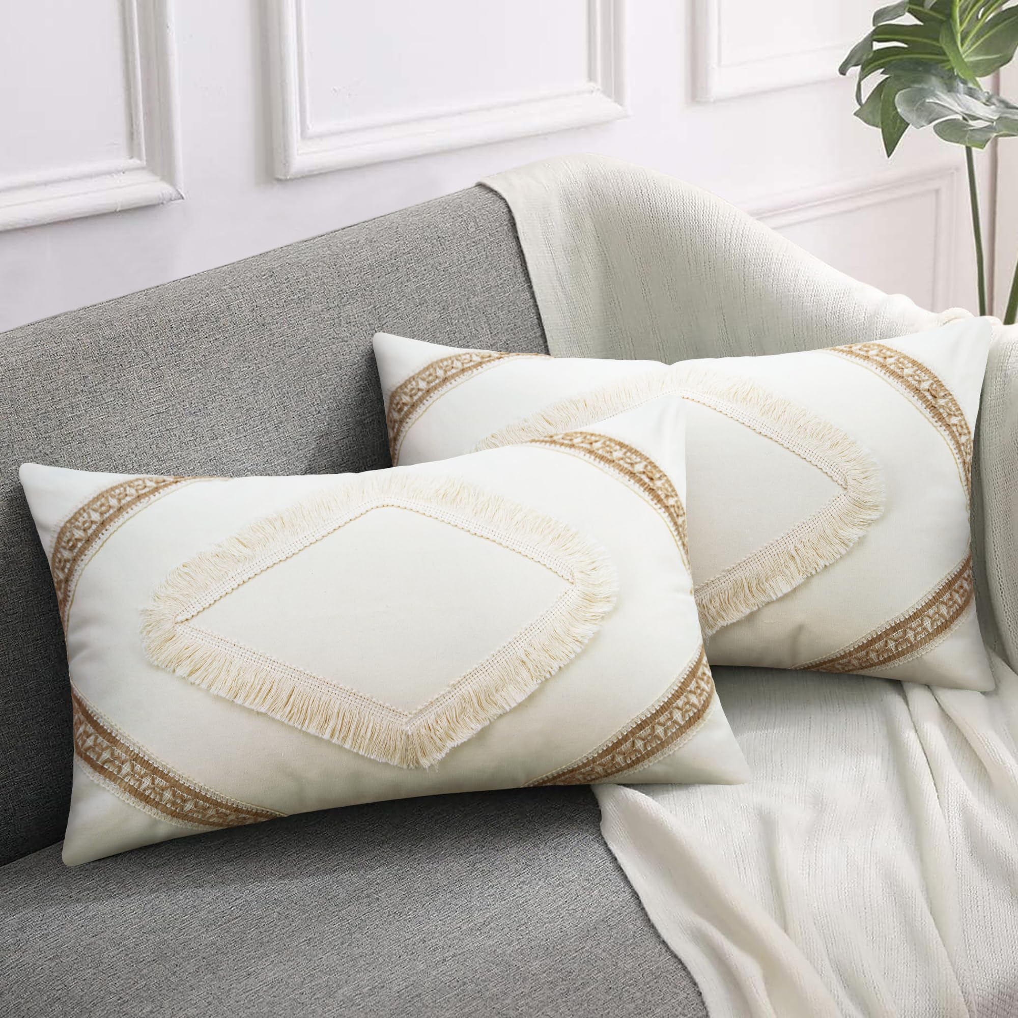 Merrycolor Boho Patchwork Linen Lumbar Throw Pillow Covers 12x20 Set of 2 Farmhouse Burlap Linen Pillow Covers Beige Neutral Couch Pillows Boho Pillows Decorative Pillow Covers for Couch Bed Sofa