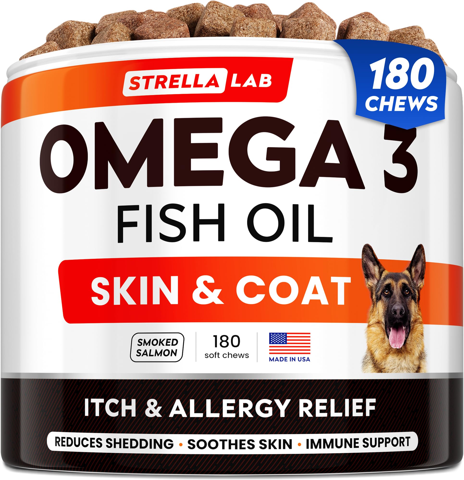 STRELLALABOmega 3 for Dogs - (180Ct) Fish Oil Treats - Allergy & Itch Relief Skin & Coat Supplement - Dry Itchy Skin, Anti Shedding & Hot Spots Treatment - Pet Salmon Oil Chews - Smoked Salmon Flavor
