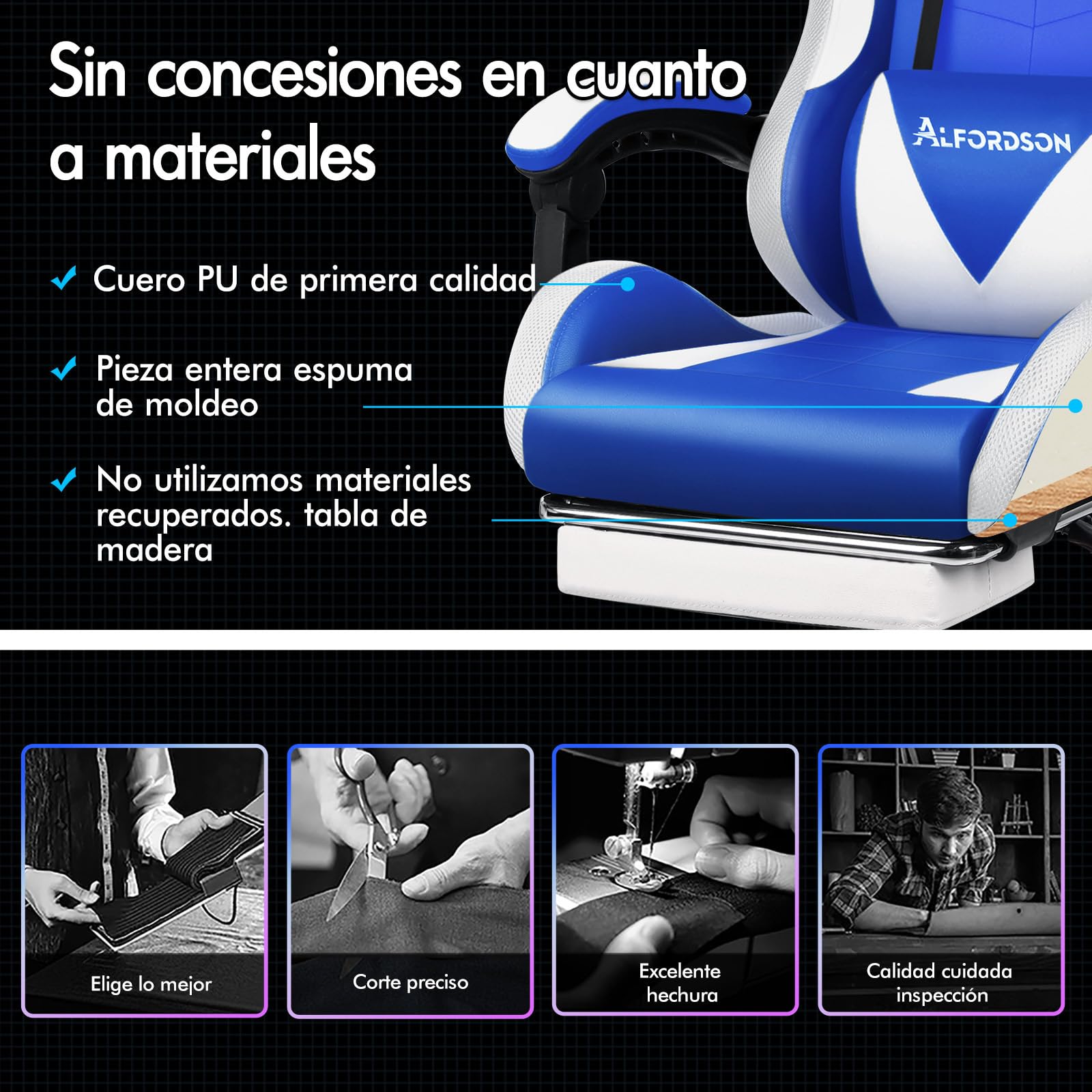 ALFORDSON Silla Gaming con masajeador y LED, Silla ejecutiva ergonómica de Oficina con reposapiés, Sillas Gamer para Oficina y Juegos con Iluminación RGB, Polipiel, Azul y Blanco
