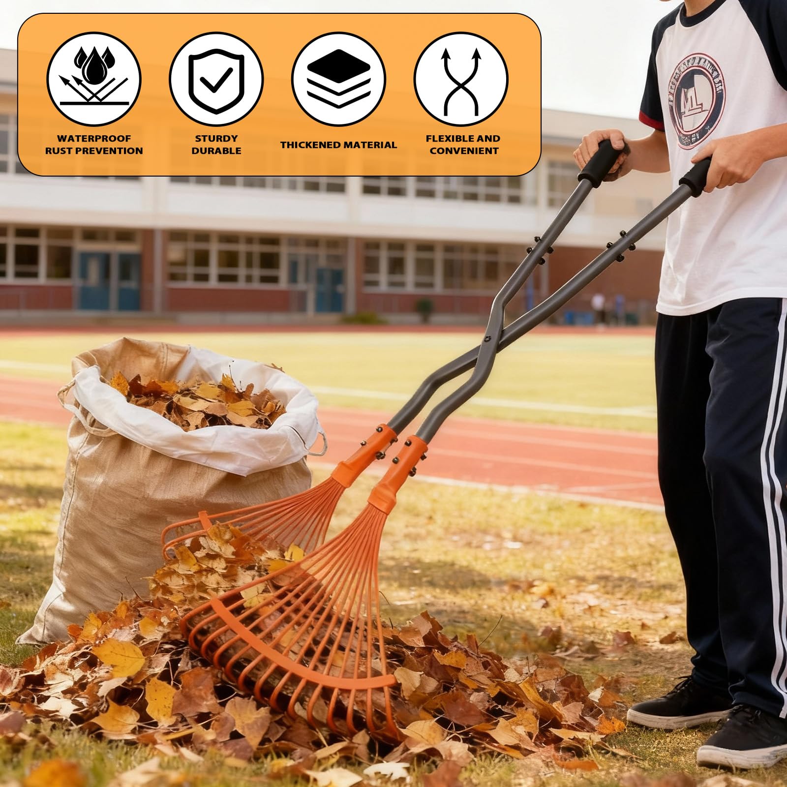 Rastrello per foglie in metallo resistente, rastrello da giardino estensibile da 67", rastrello da giardino con 24 denti in acciaio largo 23,2", rastrello da cortile per foglie, erba, feltro, ghiaia