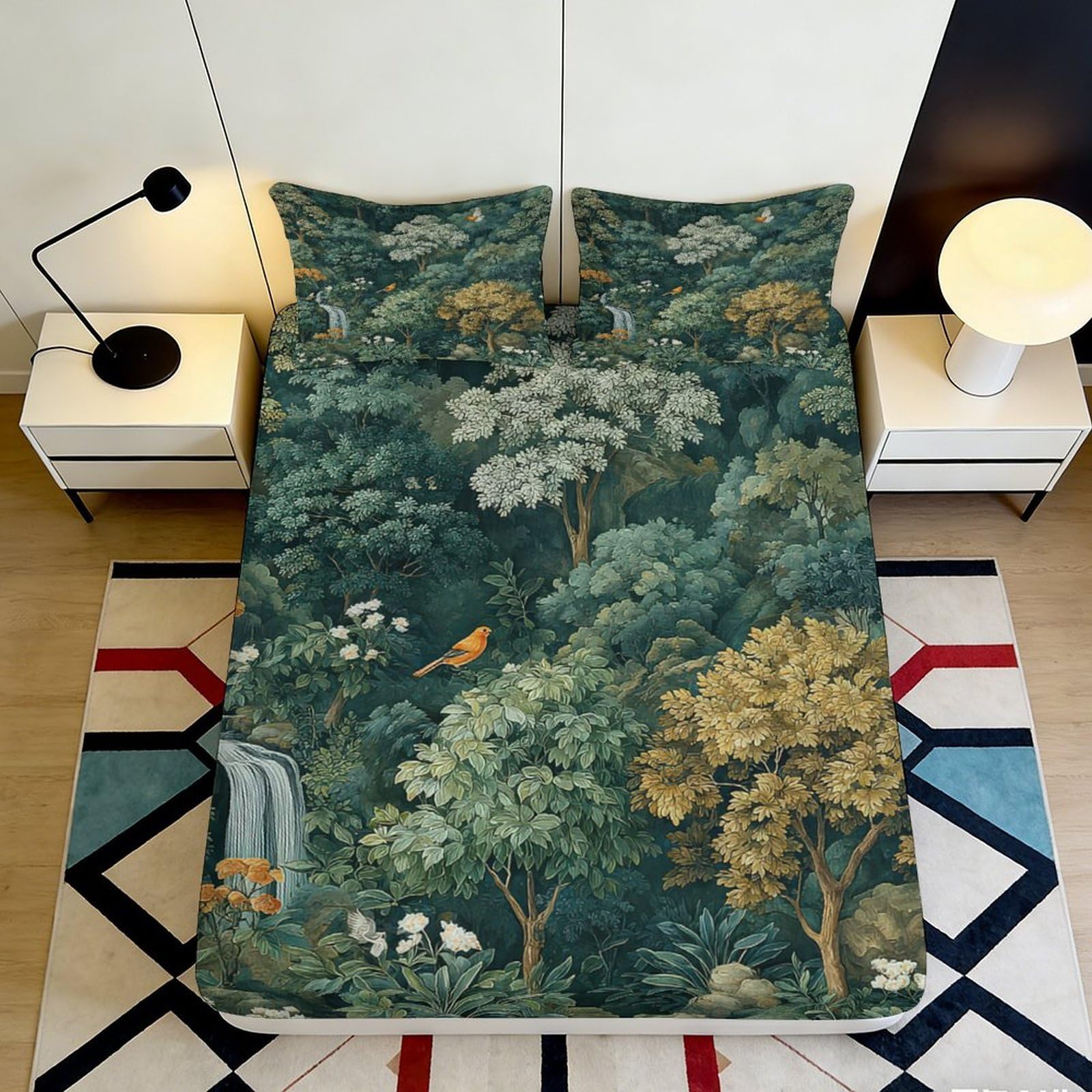3D Printed Forest Landscape Fitted Sheet Microfiber Soft Green Tree Animal Mattress Cover for Bedroom Decor Protection 90x200x25cm