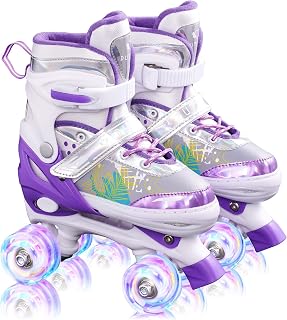 Kids Roller Skates,Adjustable Roller Skates for beginners,Comfortable roller skates,4 Light up Wheels and Sizes Adjustable Quad Skate for Indoor Outdoor for Girls Women Kids…