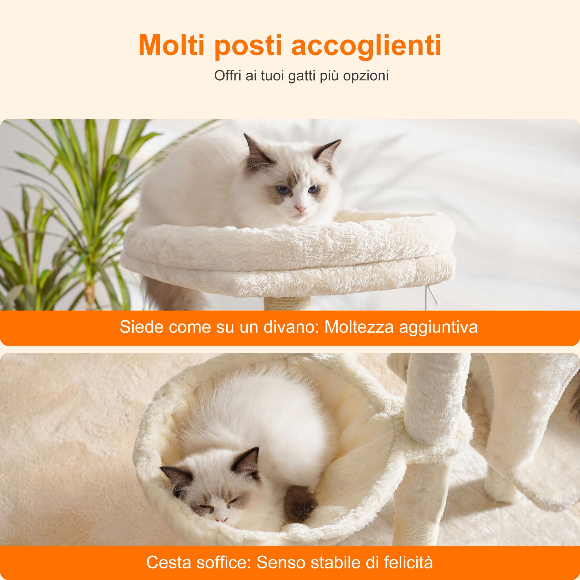 Heybly Albero Per Gatti, Il Pennello di Autocurazione, l'Albero per Gatto Domestici, con Peluche Lisce, Poltrona di Riposo, Nido per Gatti e Paletti per Graffiare, Beige HCT005SM