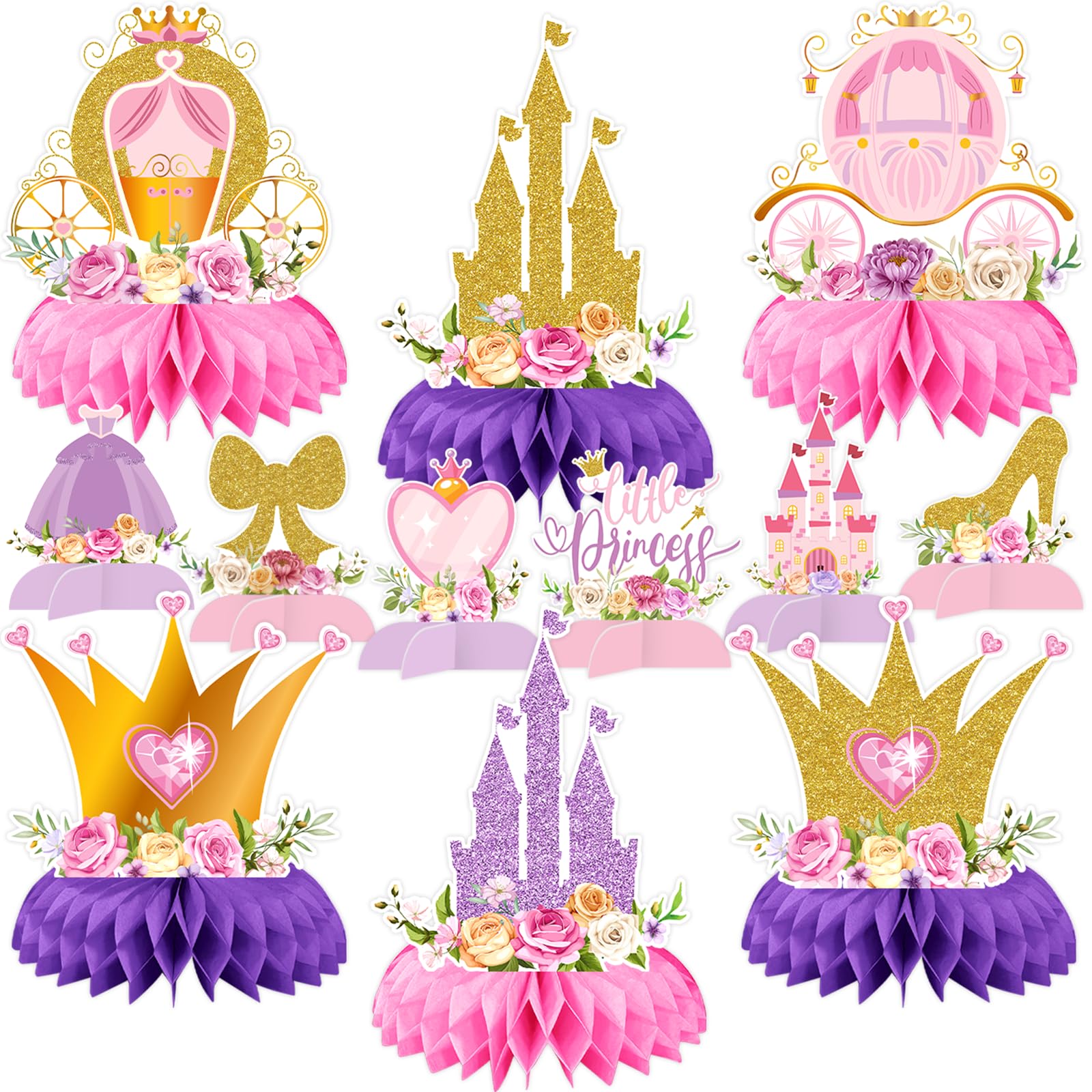 12 Pcs Princess Castle Honeycomb Centerpieces – Little Princess Party Table Decorations with Crowns, Castles, Bows and Hearts for Birthday Party, Baby