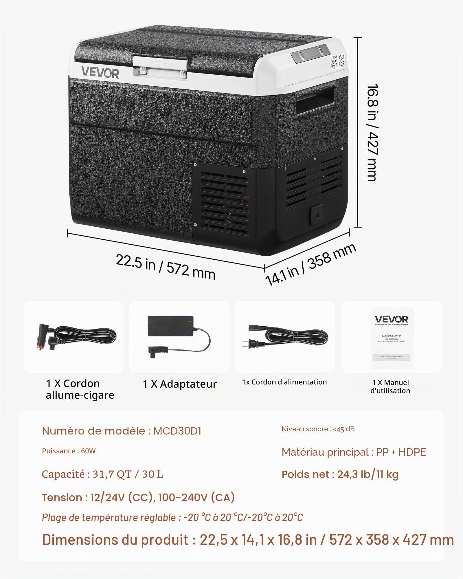 VEVOR Glacière Électrique 30 L, Réfrigérateur Portable Voiture et Maison 12/24 V CC et 100-240 V CA, pour Camping Voyage Plage Pêche, Mini Frigo à Compression, Température Réglable -20 °C à 20 °C