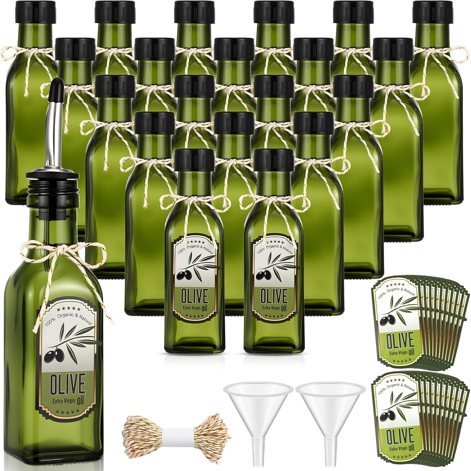 Honeydak 20 Pcs 5 oz Mini Glass Olive Oil Bottles with Pourers Sticker Glass Olive Oil Dispenser Vinegar Dispenser Set Empty Sauce Condiment Bottles for Christmas Kitchen Gift