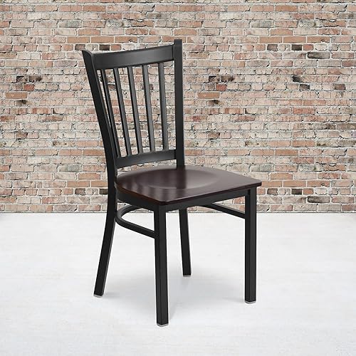 Miniatura 2 de Flash Furniture Paquete de 2 sillas de restaurante de metal con respaldo vertical negro de la serie HERCULES - Asiento de madera de nogal