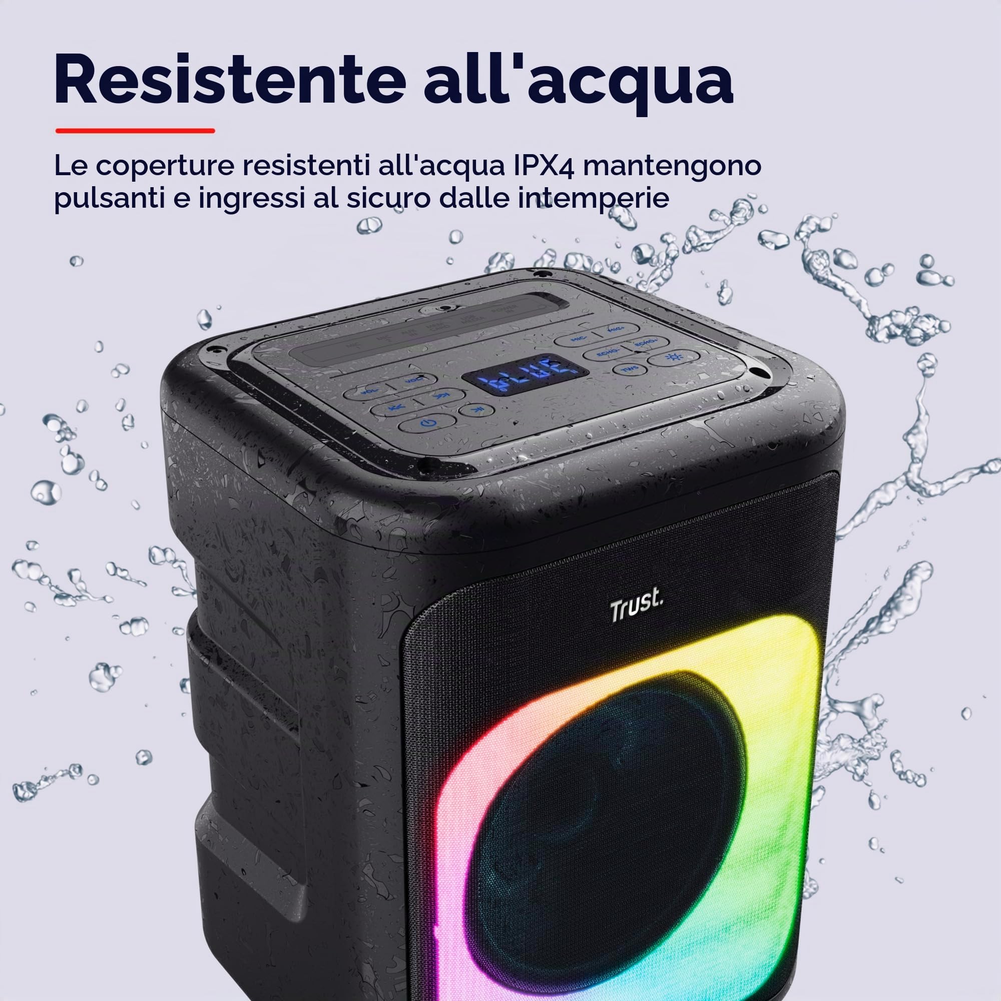 Trust Azura Cassa Bluetooth Portatile 100W per Feste, Altoparlante Bluetooth LED RGB Wireless Party Speaker Intemperie IPX4, Batteria Ricaricabile 11 Ore, 2 Ingressi per Microfono Karaoke - Nero
