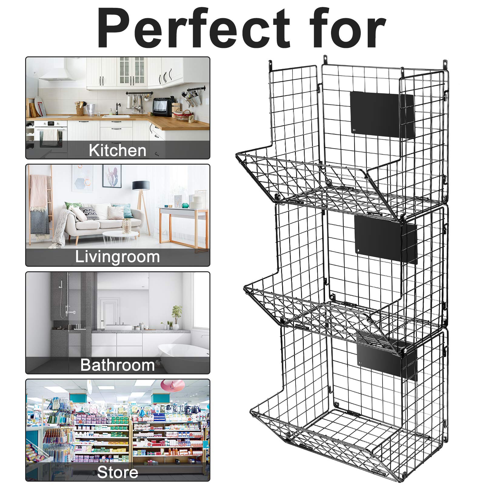 3 Tier Hanging Wire Basket Wall Mounted Storage Bins for Pantry with