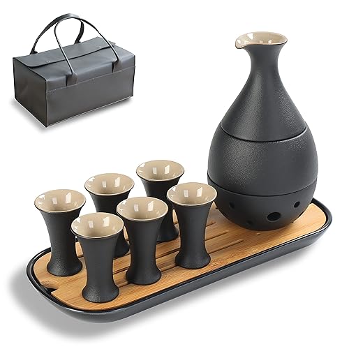 TEANAGOO 11 Pcs Sake Set, Sake Cups(0.9 Oz) with Bamboo Tray, Saki Cup Set with Warmer Pot(6 Oz), Sake Warmer Gift Sets for Friends/Family In Winter. Sake Set with Warmer for Christmas, Birthday, T1
