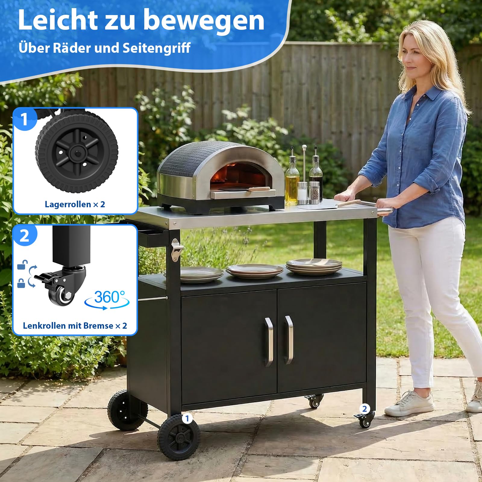 TLSUNNY Grilltisch mit Edelstahlplatte, Grillwagen Outdoor mit Schrank, Grill Trolley Küchenwagen mit 4 Rollen, Grill Beistelltisch Servierwagen für Garten Terrasse Picknicks Partys, 112 x 51 cm